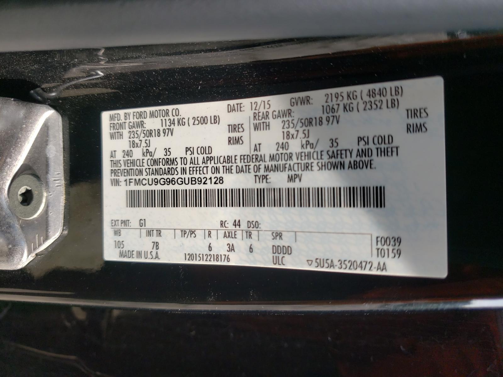 Photo 10 from auction – 2016 FORD ESCAPE SE with VIN 1FMCU9G96GUB92128