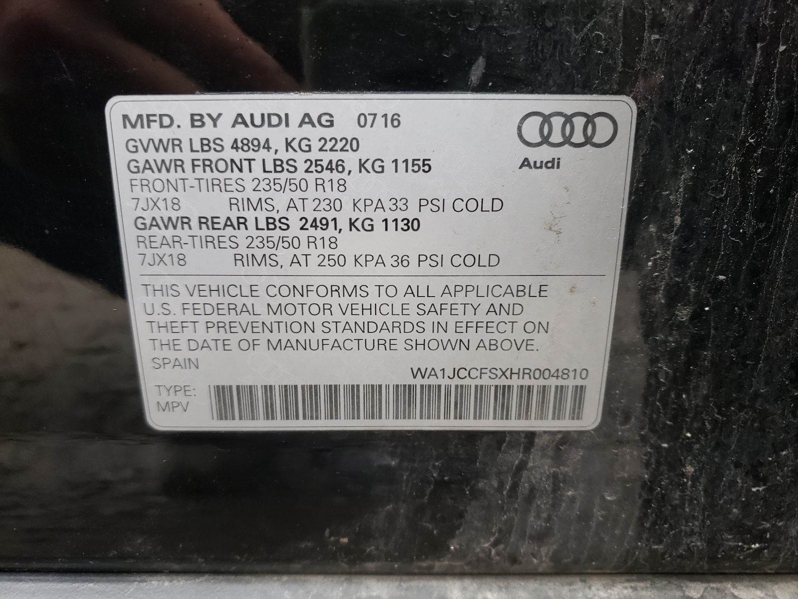 Photo 10 from auction – 2017 AUDI Q3 PREMIUM with VIN WA1JCCFSXHR004810