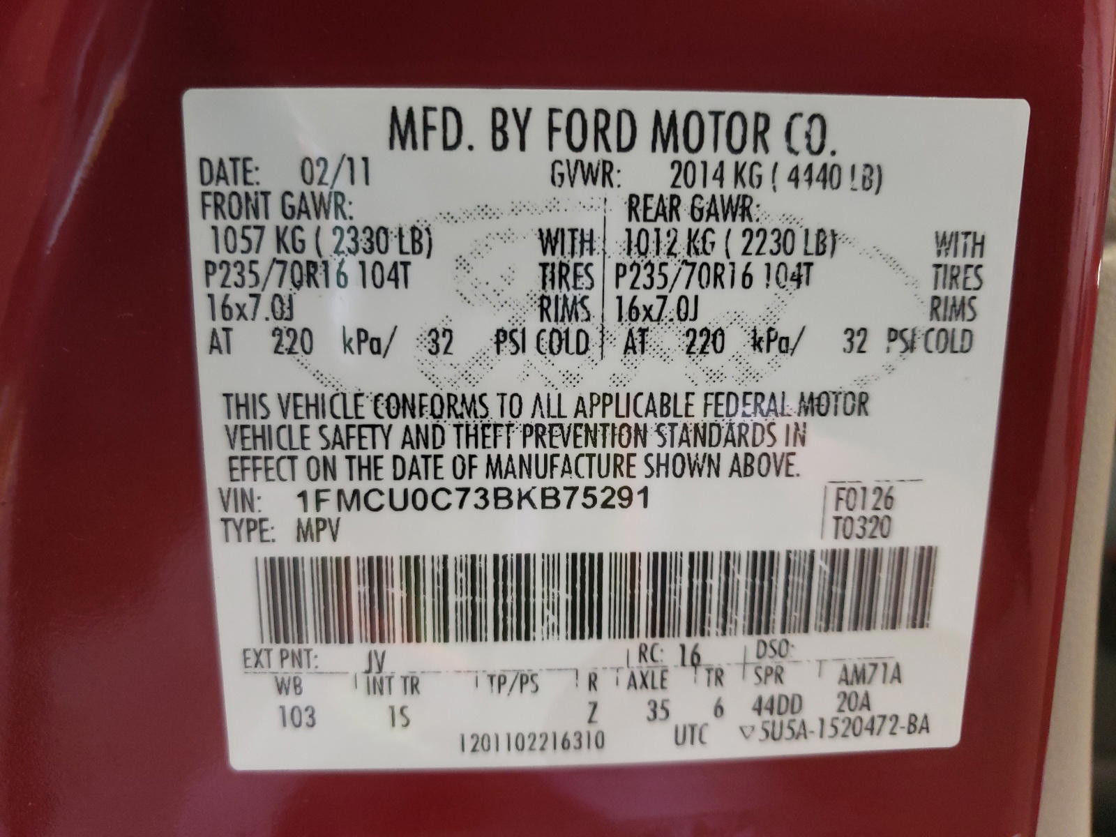 Photo 10 from auction – 2011 FORD ESCAPE XLS with VIN 1FMCU0C73BKB75291