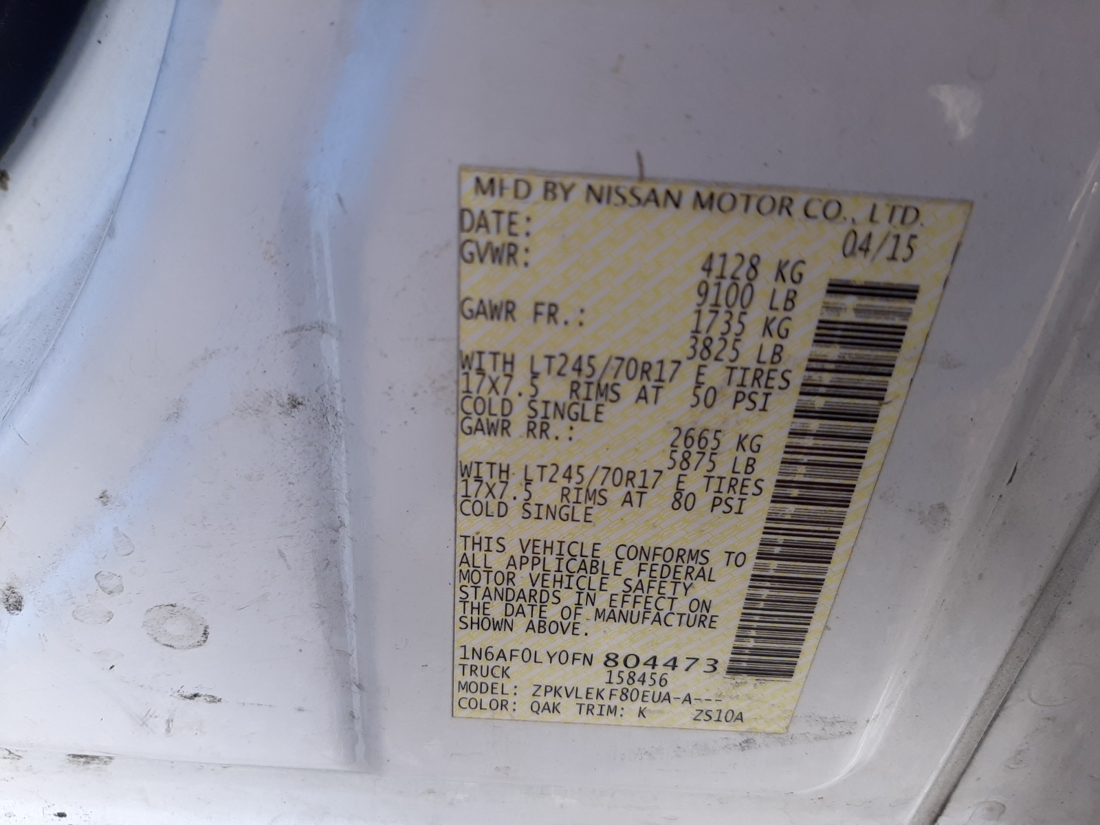 Photo 10 from auction – 2015 NISSAN NV 2500 with VIN 1N6AF0LY0FN804473