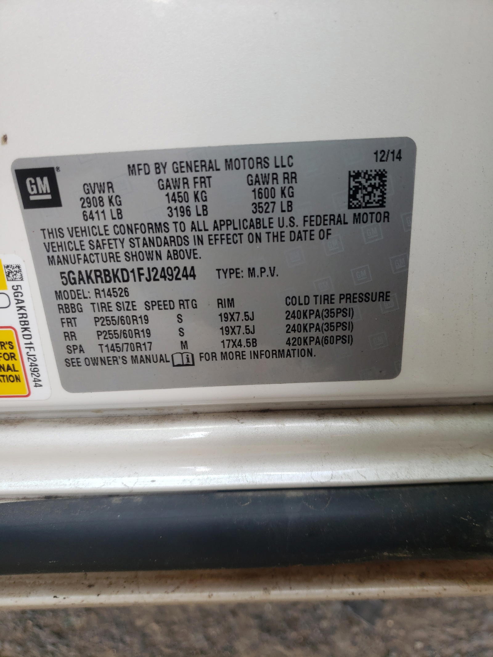 Photo 10 from auction – 2015 BUICK ENCLAVE with VIN 5GAKRBKD1FJ249244
