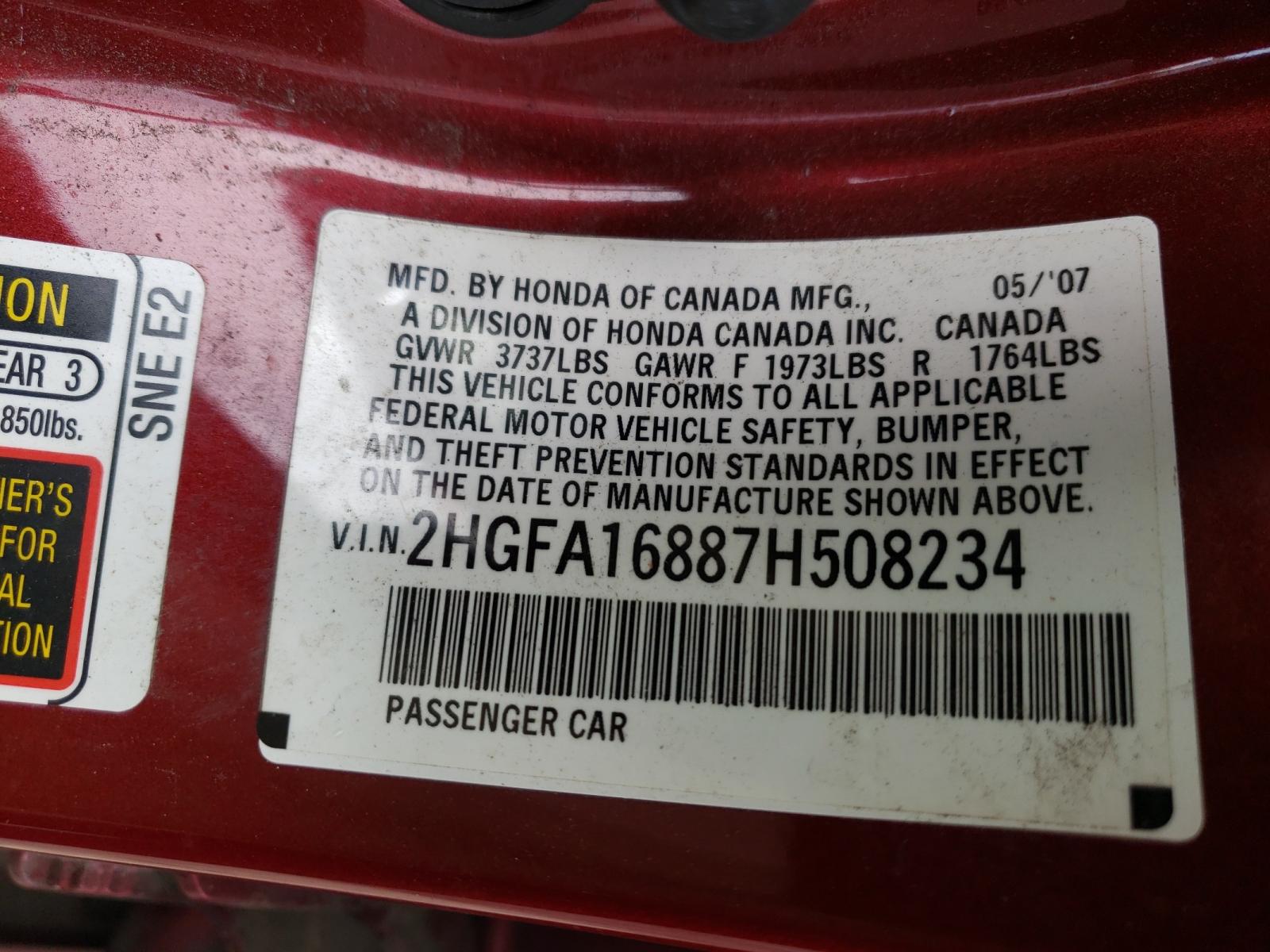 Photo 10 from auction – 2007 HONDA CIVIC EX with VIN 2HGFA16887H508234