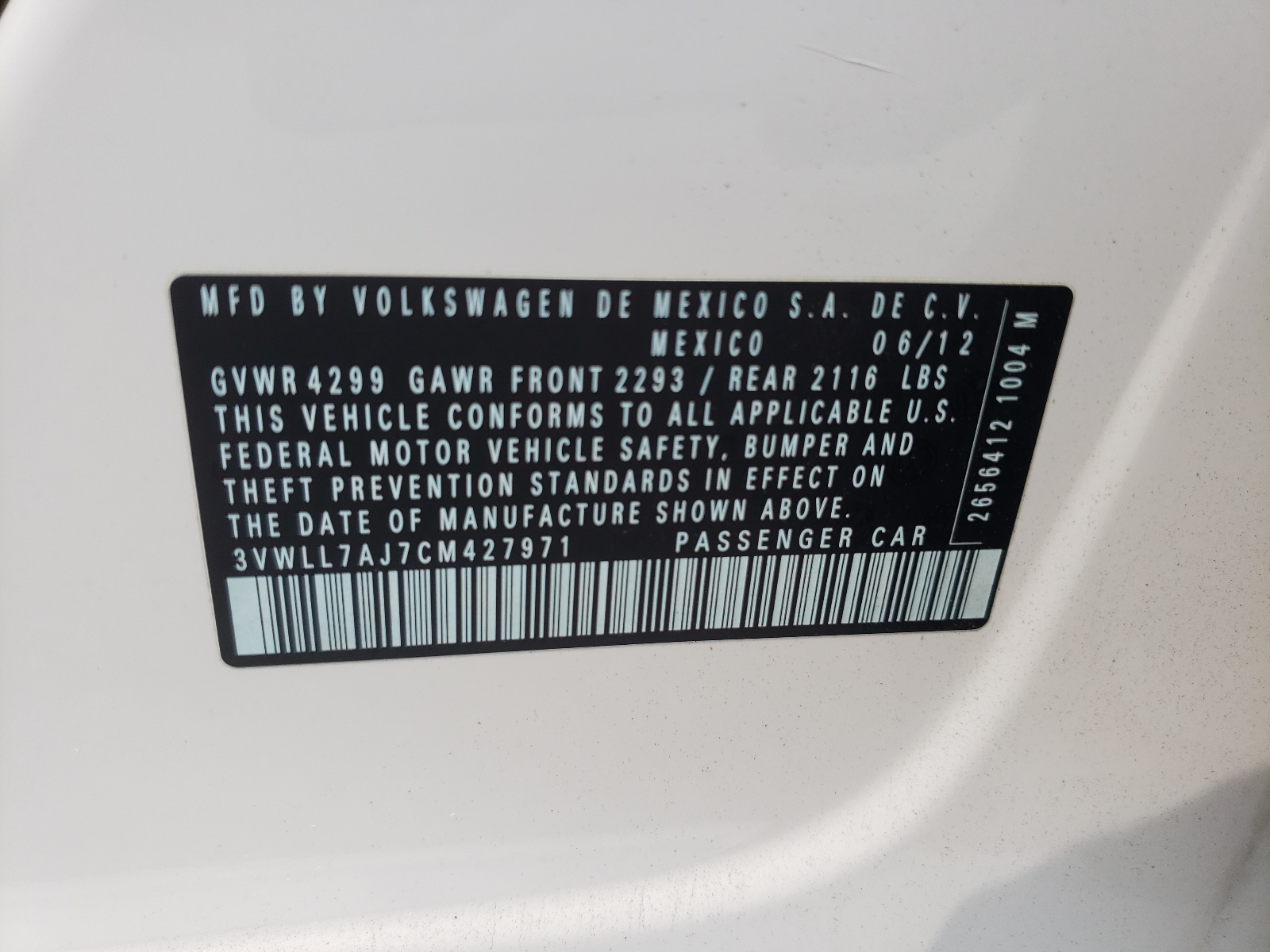 Photo 10 from auction – 2012 VOLKSWAGEN JETTA TDI with VIN 3VWLL7AJ7CM427971