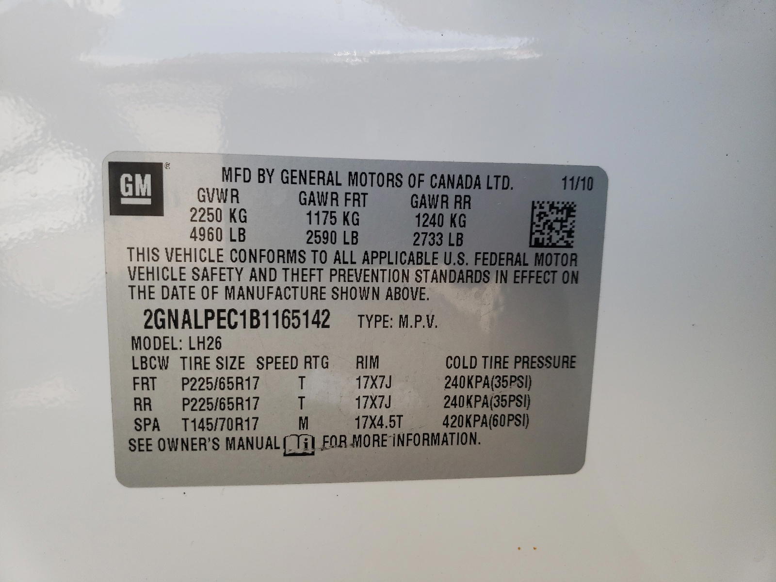 Photo 10 from auction – 2011 CHEVROLET EQUINOX LT with VIN 2GNALPEC1B1165142