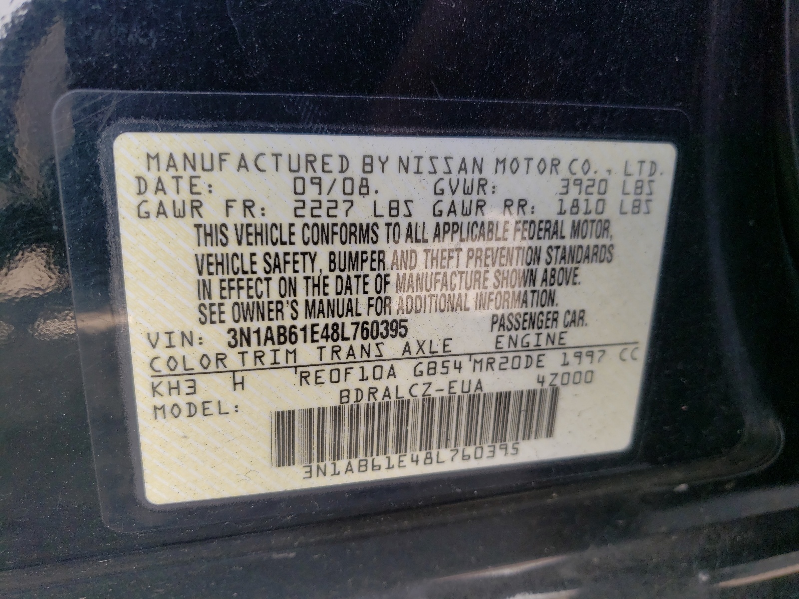 Photo 10 from auction – 2008 NISSAN SENTRA 2.0 with VIN 3N1AB61E48L760395