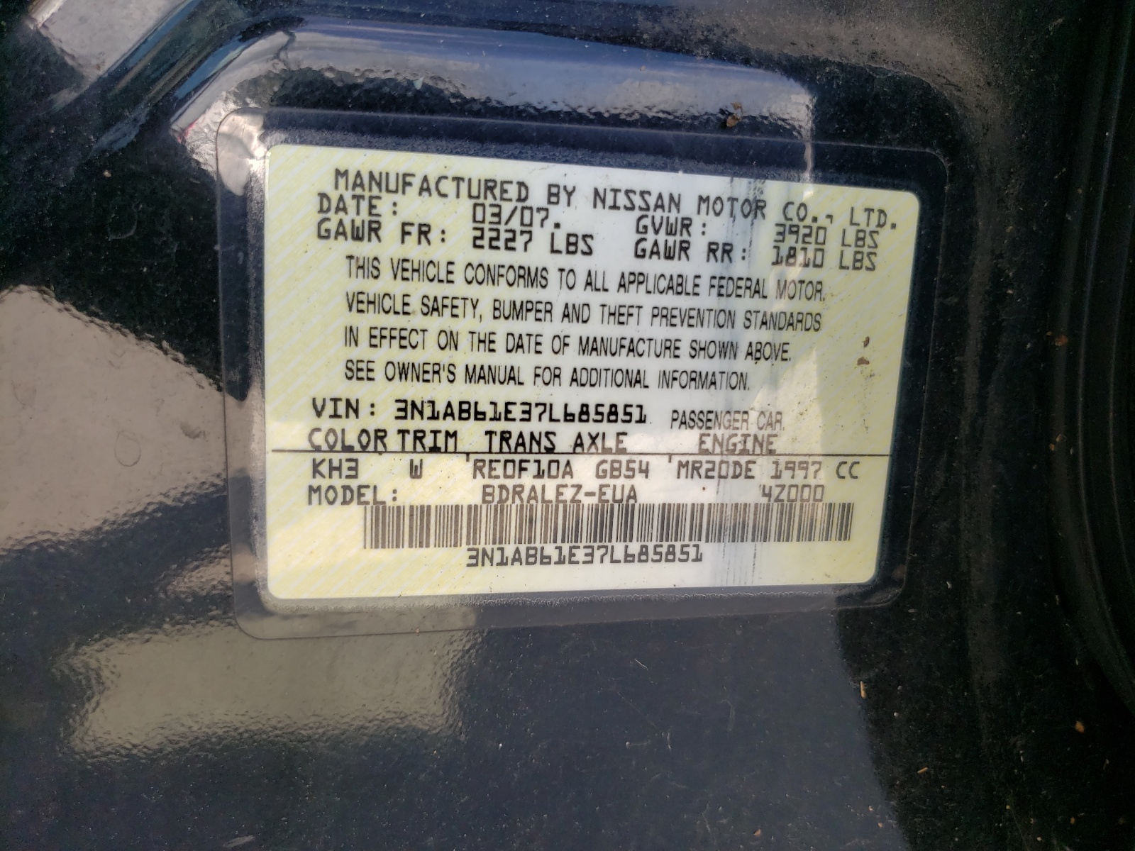 Photo 10 from auction – 2007 NISSAN SENTRA 2.0 with VIN 3N1AB61E37L685851