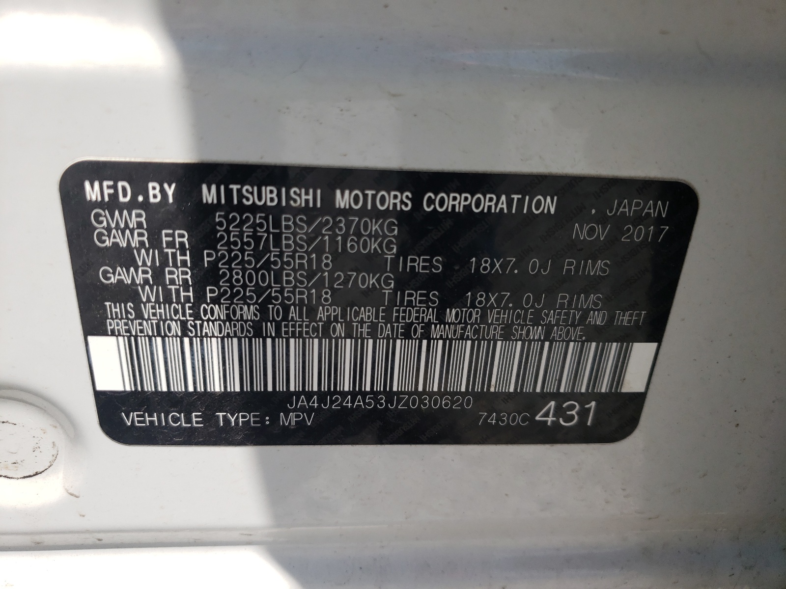 Photo 10 from auction – 2018 MITSUBISHI OUTLANDER with VIN JA4J24A53JZ030620