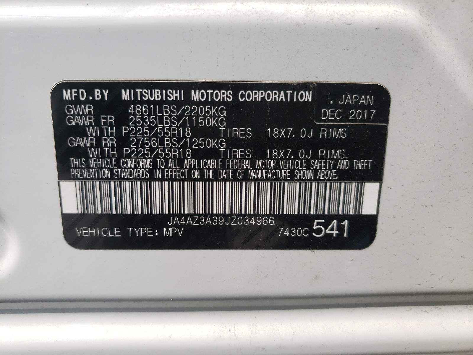 Photo 10 from auction – 2018 MITSUBISHI OUTLANDER with VIN JA4AZ3A39JZ034966