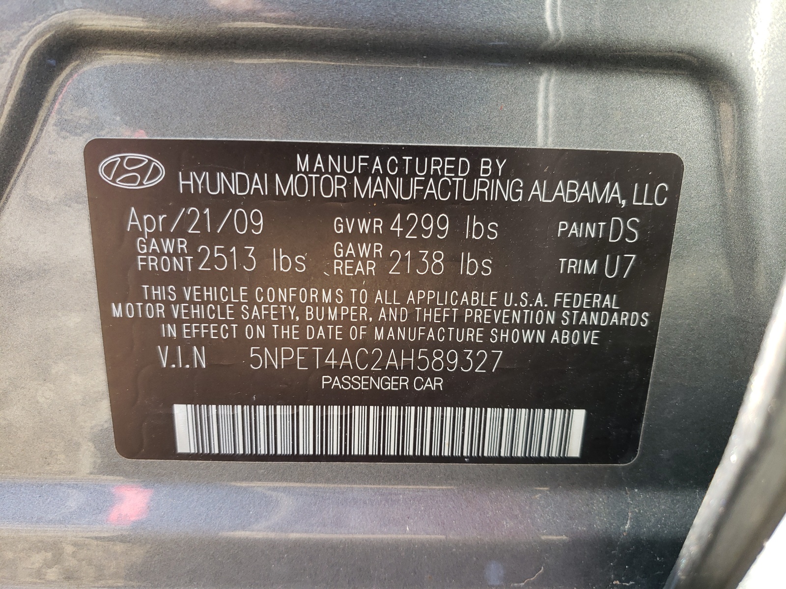 Photo 10 from auction – 2010 HYUNDAI SONATA GLS with VIN 5NPET4AC2AH589327