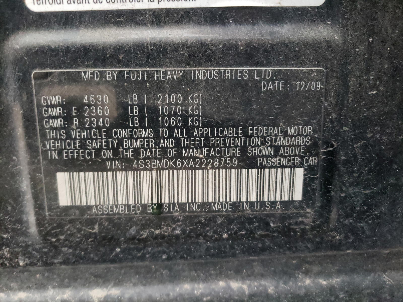 Photo 10 from auction – 2010 SUBARU LEGACY 3.6 with VIN 4S3BMDK6XA2228759