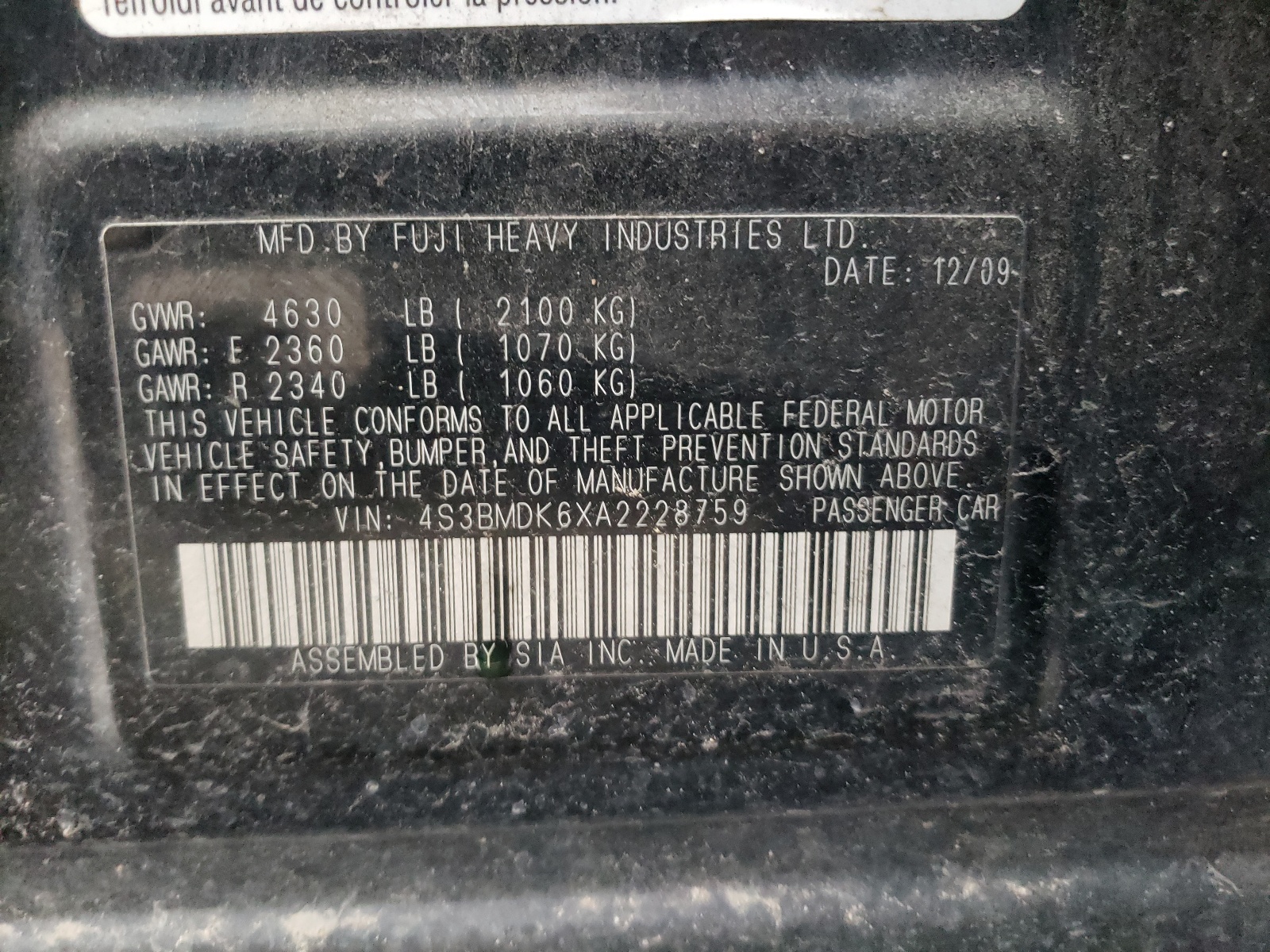 Фото 10 с аукциона – 2010 SUBARU LEGACY 3.6 с VIN 4S3BMDK6XA2228759