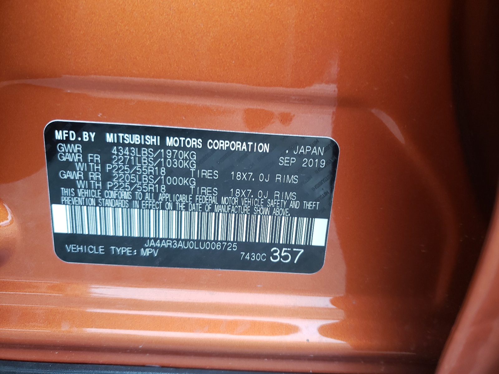 Photo 10 from auction – 2020 MITSUBISHI OUTLANDER with VIN JA4AR3AU0LU006725