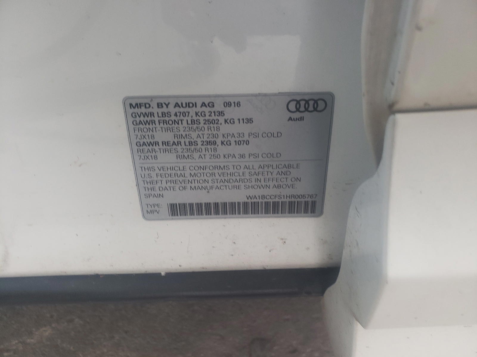 Photo 10 from auction – 2017 AUDI Q3 PREMIUM with VIN WA1BCCFS1HR005767