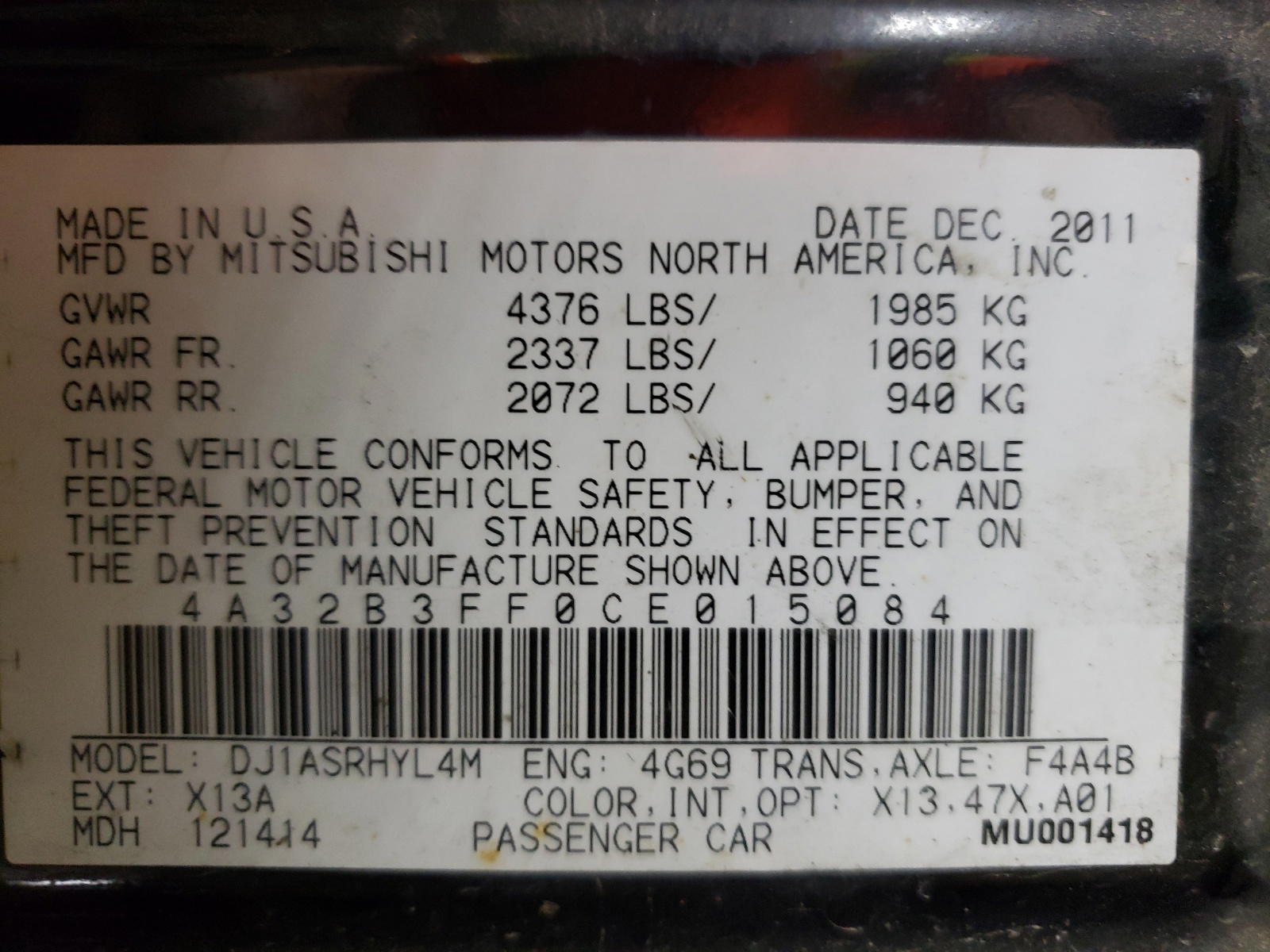 Photo 10 from auction – 2012 MITSUBISHI GALANT ES with VIN 4A32B3FF0CE015084