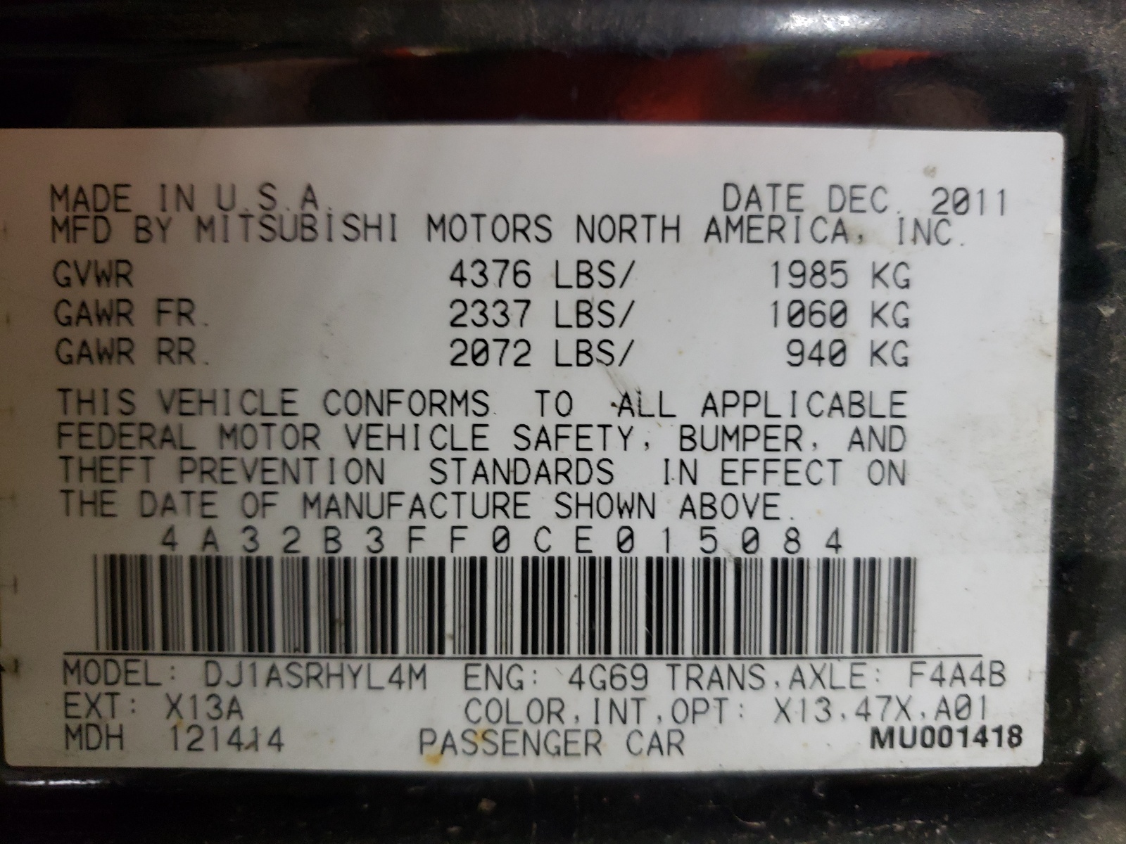 Foto 10 de la subasta – 2012 MITSUBISHI GALANT ES con VIN 4A32B3FF0CE015084