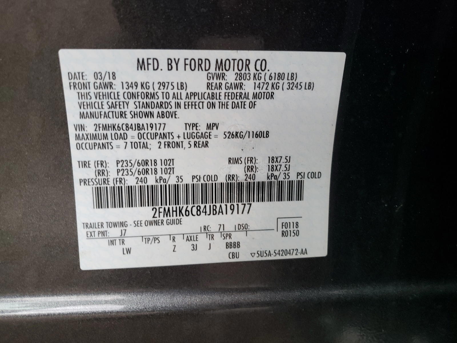 Photo 10 from auction – 2018 FORD FLEX SEL with VIN 2FMHK6C84JBA19177
