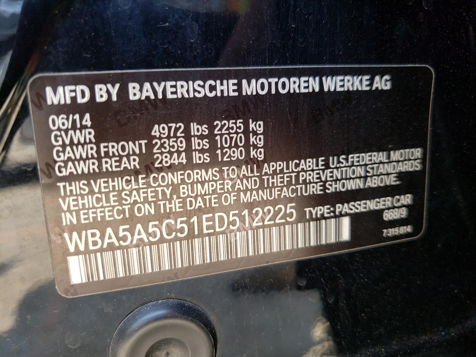 Photo 10 from auction – 2014 BMW 528 I with VIN WBA5A5C51ED512225