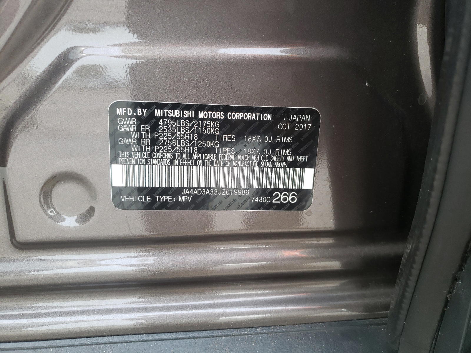 Photo 10 from auction – 2018 MITSUBISHI OUTLANDER with VIN JA4AD3A33JZ019989