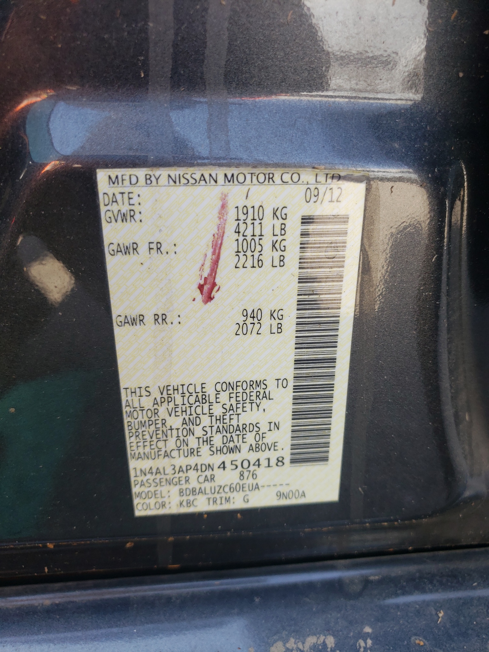 Photo 10 from auction – 2013 NISSAN ALTIMA 2.5 with VIN 1N4AL3AP4DN450418