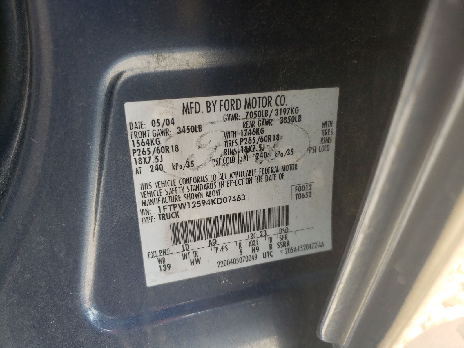 Photo 10 from auction – 2004 FORD F150 SUPER with VIN 1FTPW12594KD07463
