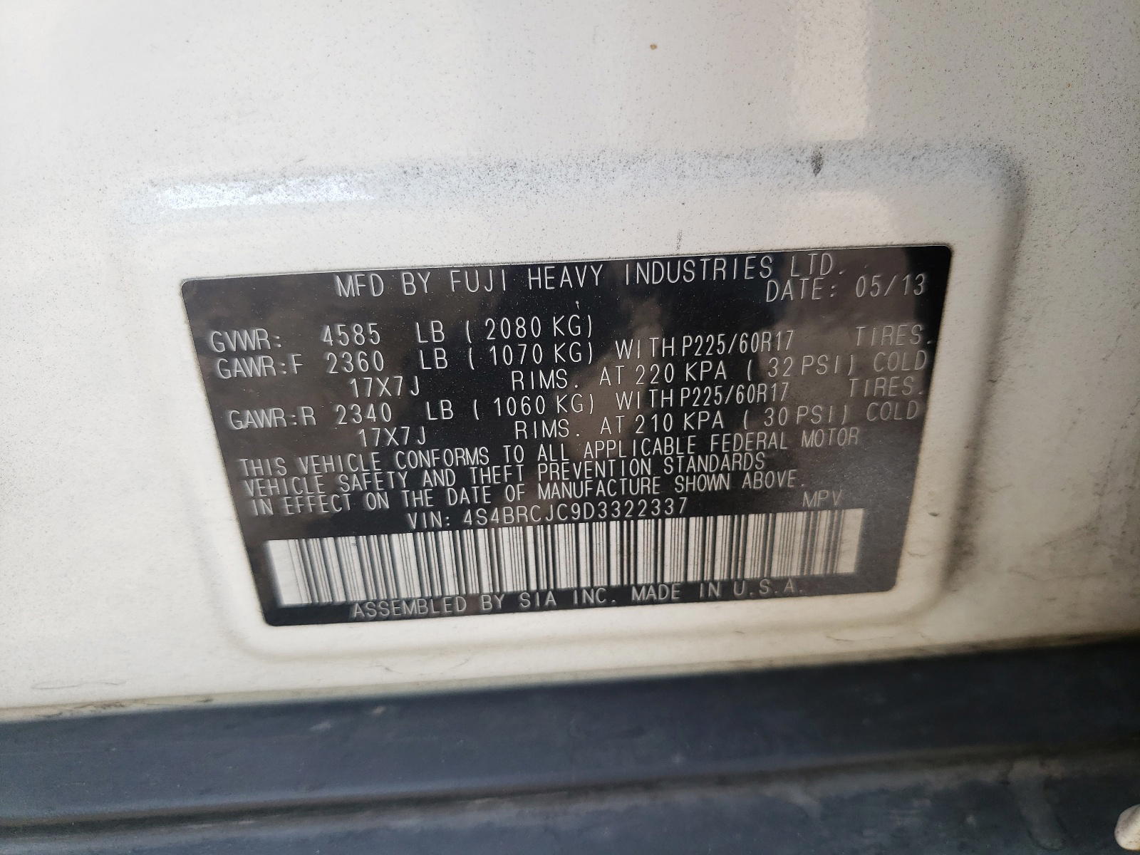 Photo 10 from auction – 2013 SUBARU OUTBACK 2. with VIN 4S4BRCJC9D3322337