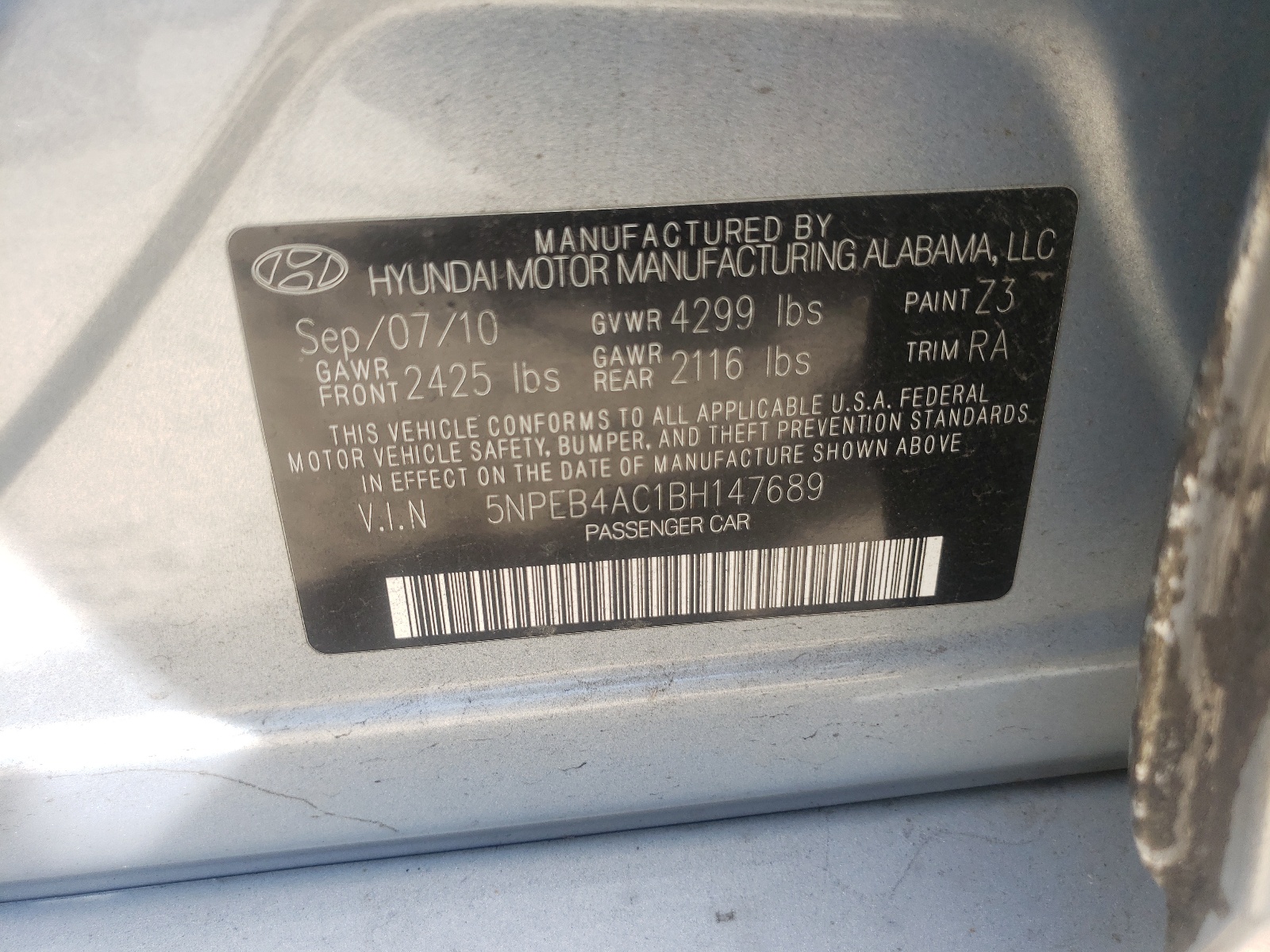 Photo 10 from auction – 2011 HYUNDAI SONATA GLS with VIN 5NPEB4AC1BH147689