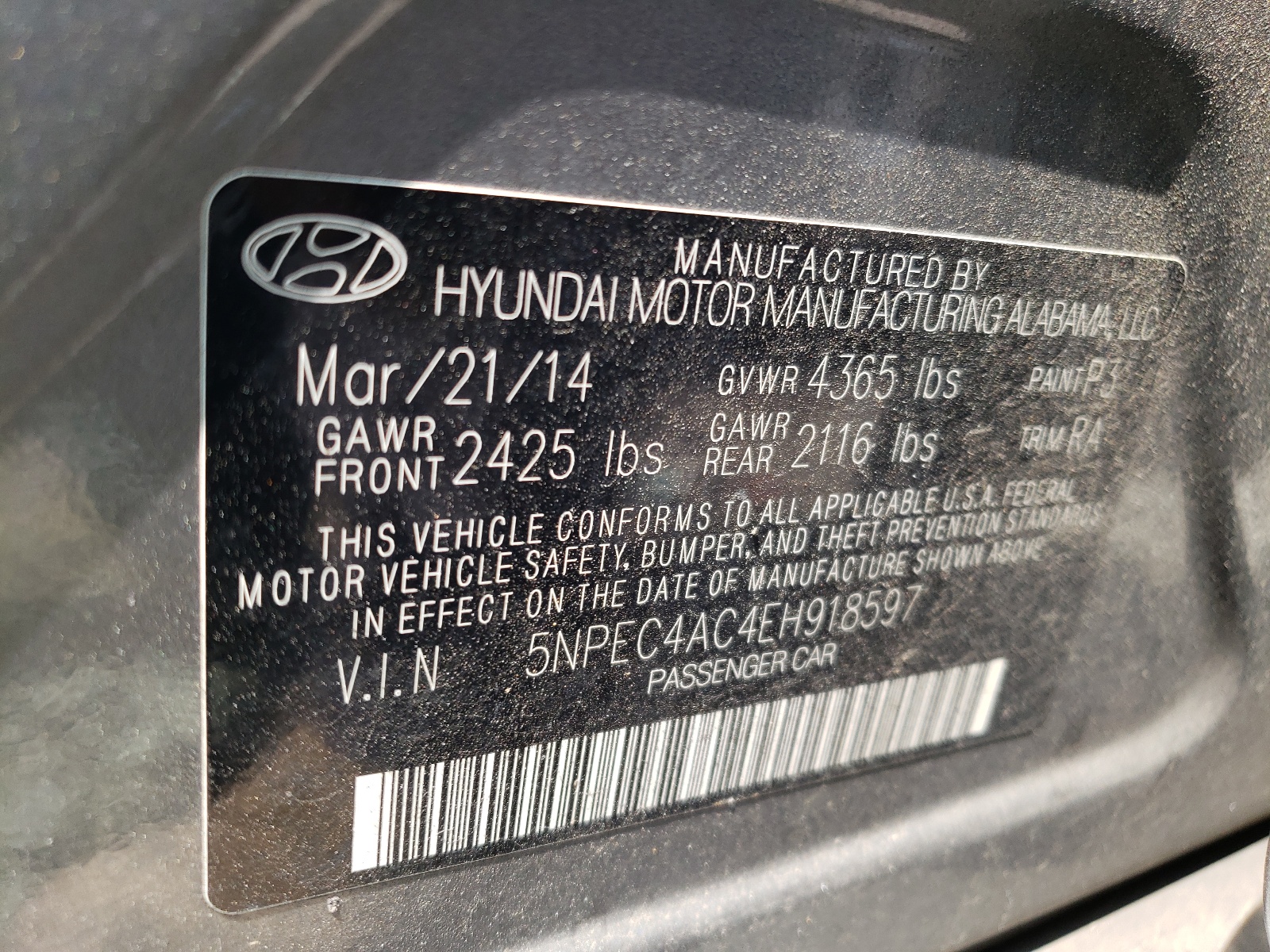 Photo 10 from auction – 2014 HYUNDAI SONATA SE with VIN 5NPEC4AC4EH918597