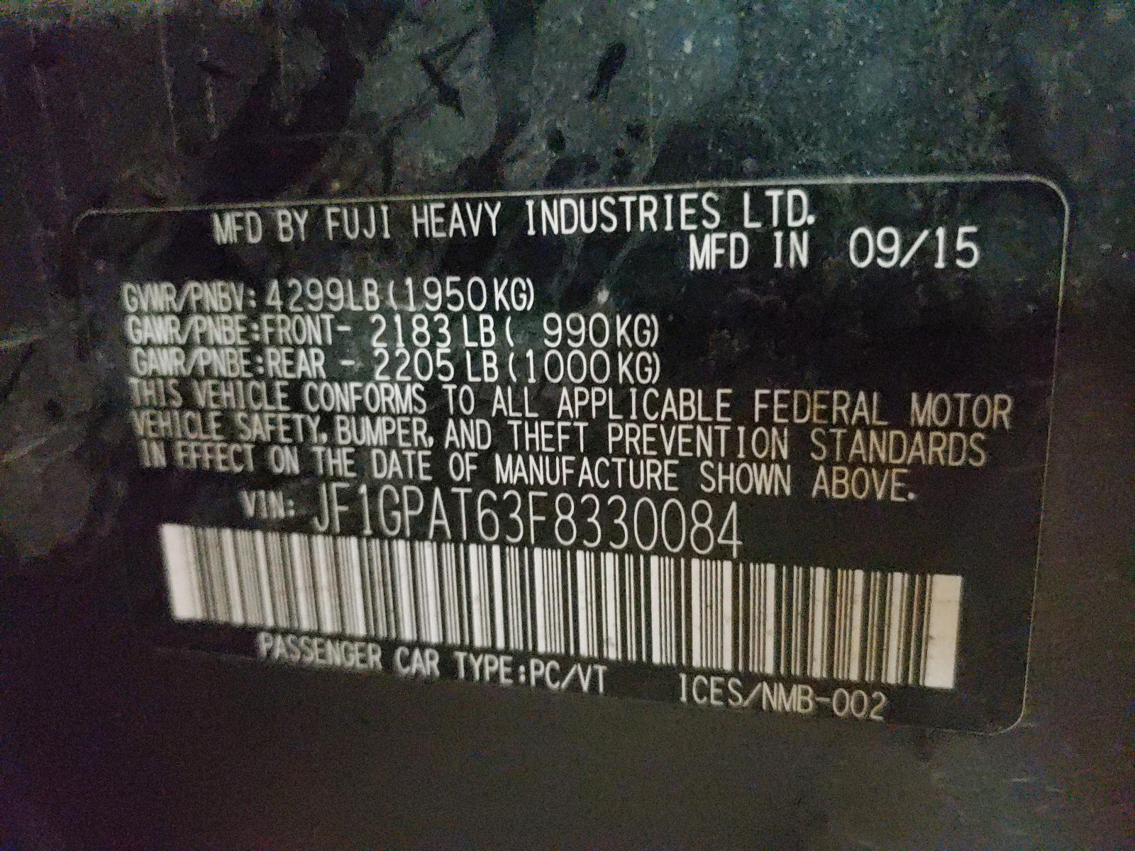 Photo 10 from auction – 2015 SUBARU IMPREZA SP with VIN JF1GPAT63F8330084