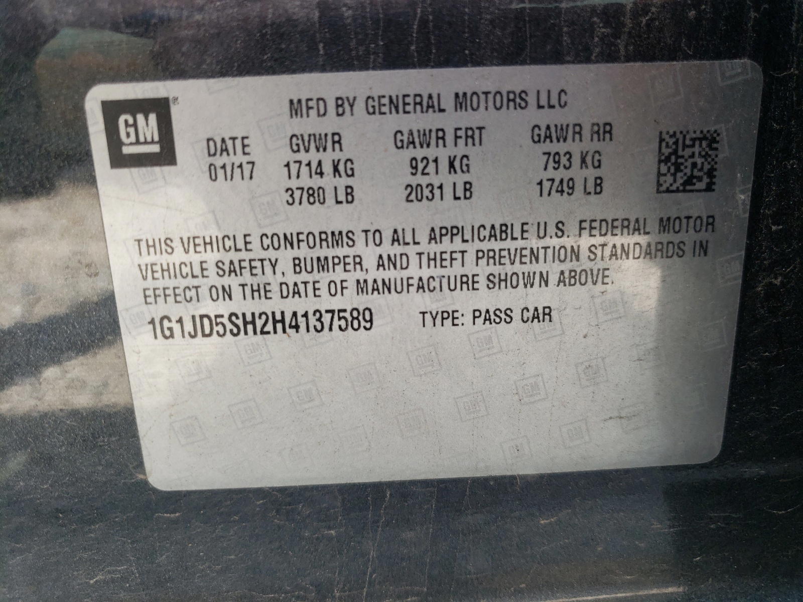 Photo 10 from auction – 2017 CHEVROLET SONIC LT with VIN 1G1JD5SH2H4137589