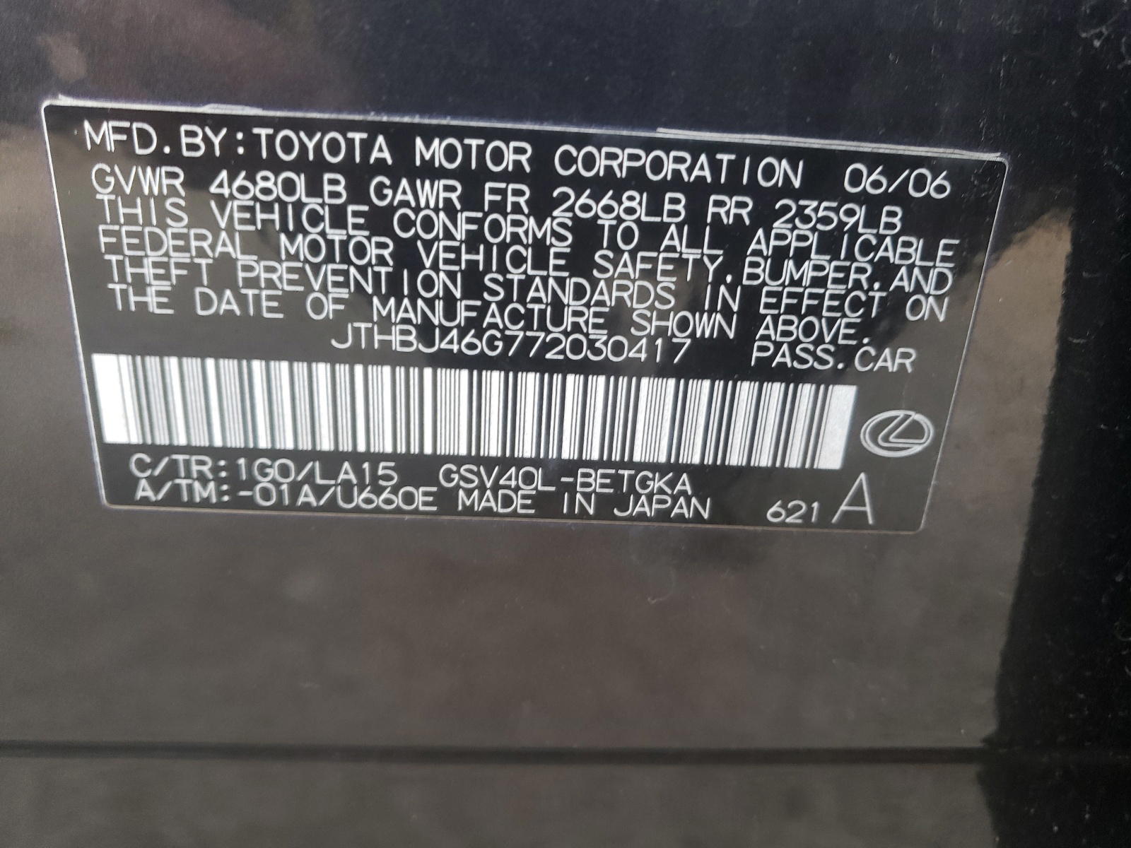 Photo 10 from auction – 2007 LEXUS ES 350 with VIN JTHBJ46G772030417