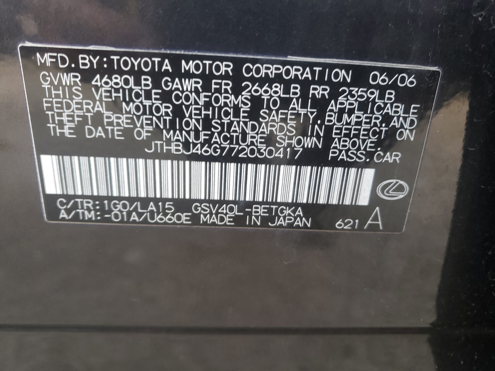 Foto 10 de la subasta – 2007 LEXUS ES 350 con VIN JTHBJ46G772030417