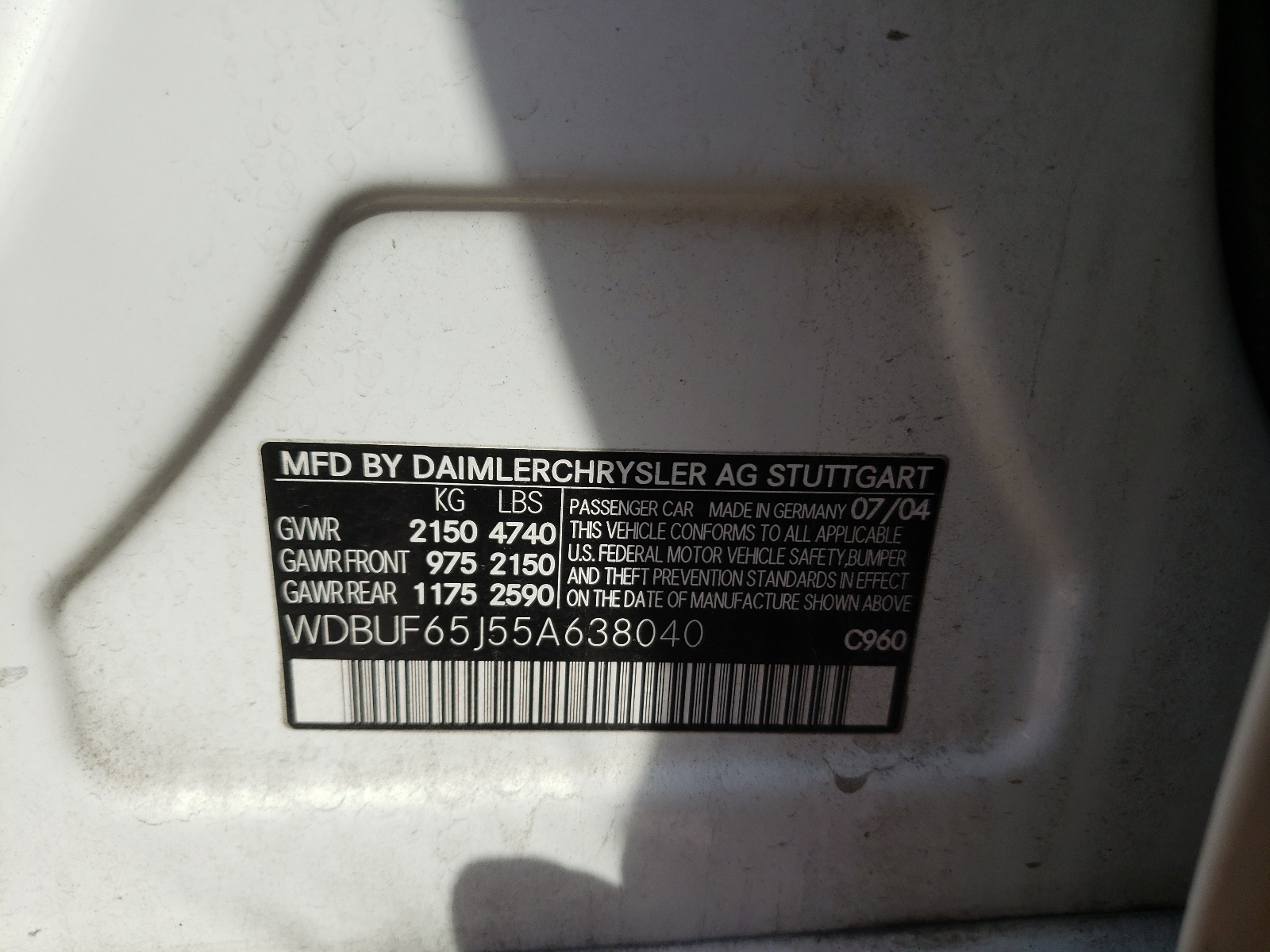 Photo 10 from auction – 2005 MERCEDES-BENZ E 320 with VIN WDBUF65J55A638040