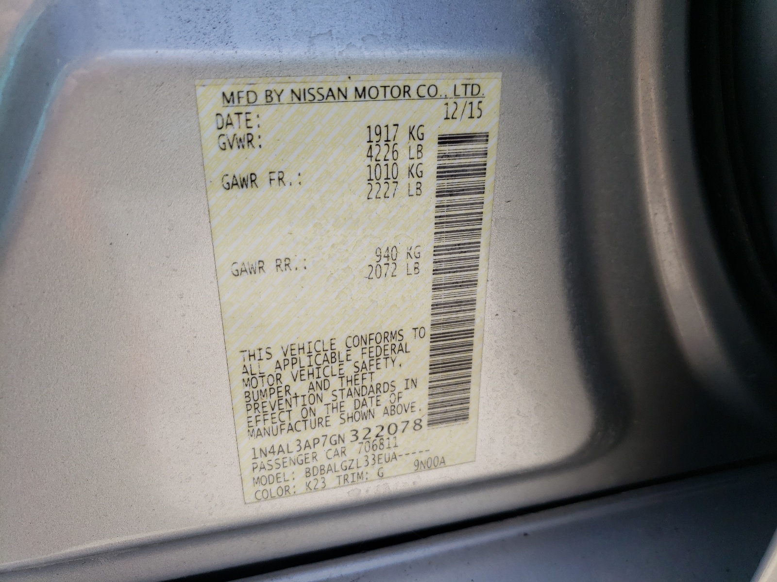 Photo 10 from auction – 2016 NISSAN ALTIMA 2.5 with VIN 1N4AL3AP7GN322078