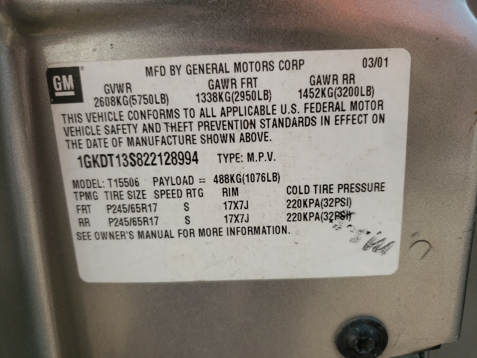 Photo 10 from auction – 2002 GMC ENVOY XL with VIN 1GKDT13S822128994