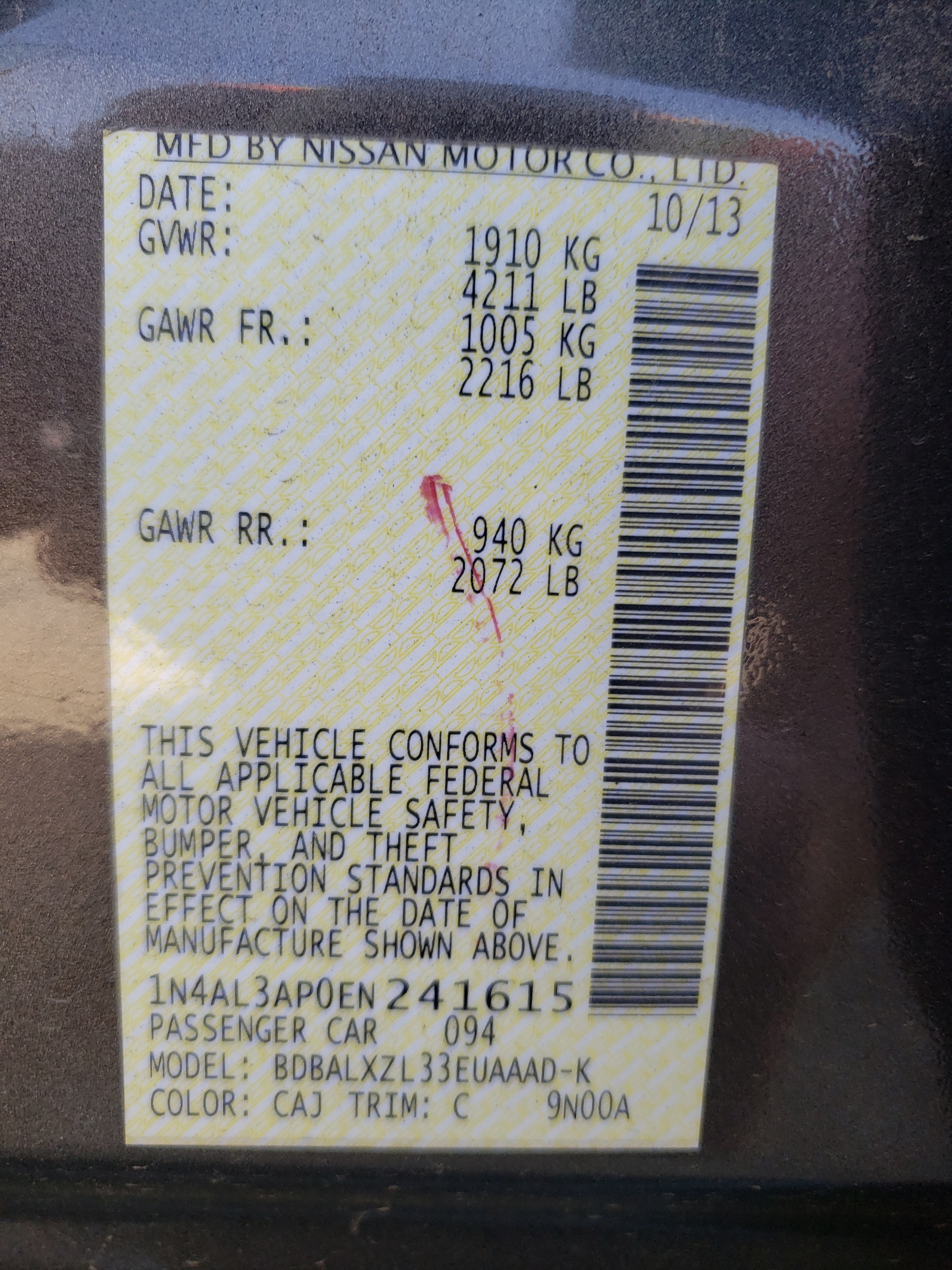 Photo 10 from auction – 2014 NISSAN ALTIMA 2.5 with VIN 1N4AL3AP0EN241615