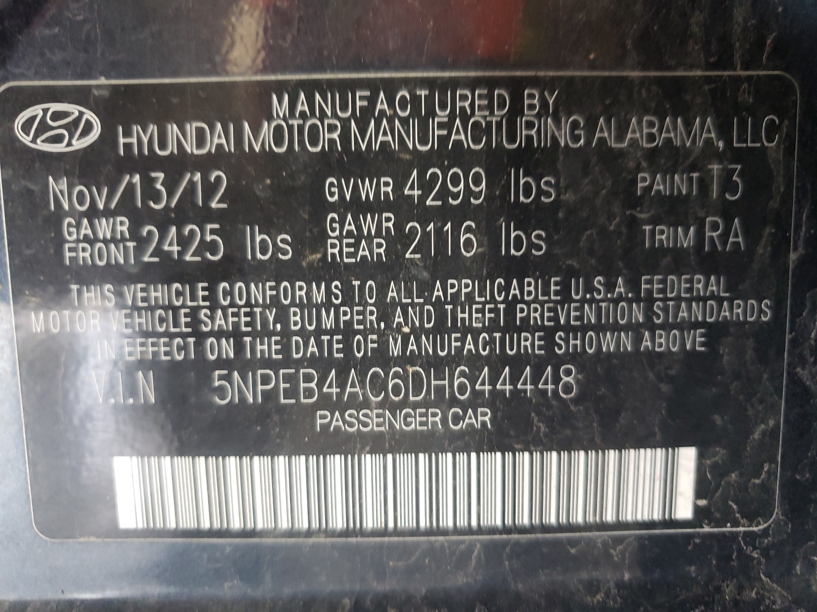 Photo 10 from auction – 2013 HYUNDAI SONATA GLS with VIN 5NPEB4AC6DH644448