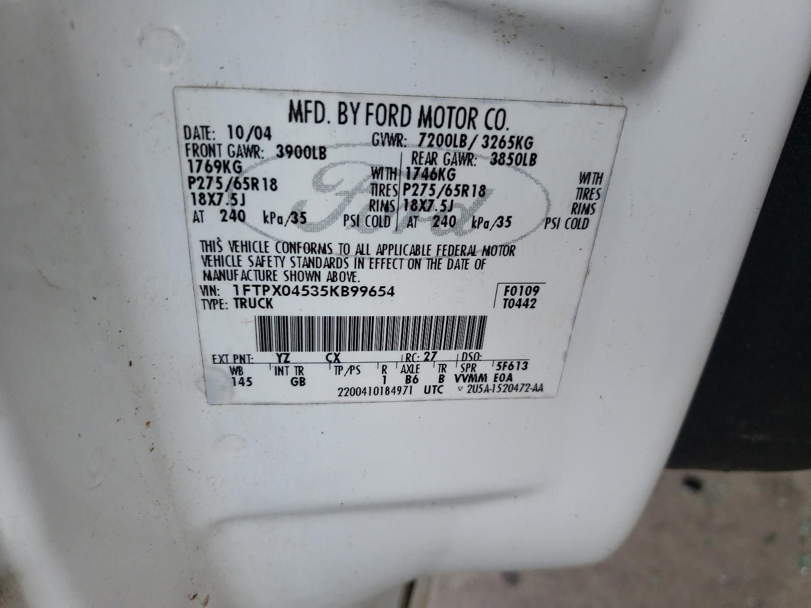 Photo 10 from auction – 2005 FORD F150 with VIN 1FTPX04535KB99654