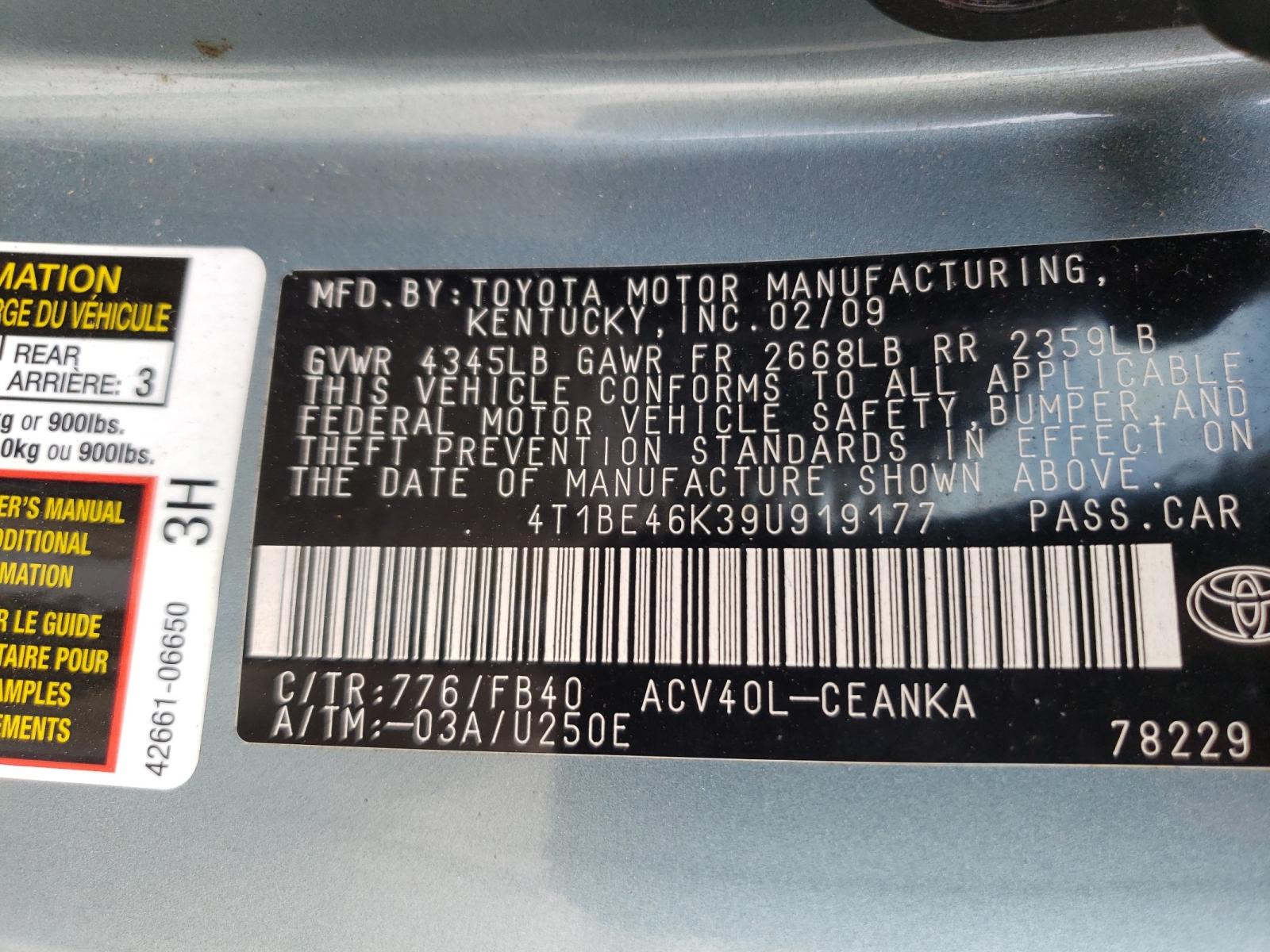 Photo 10 from auction – 2009 TOYOTA CAMRY BASE with VIN 4T1BE46K39U919177