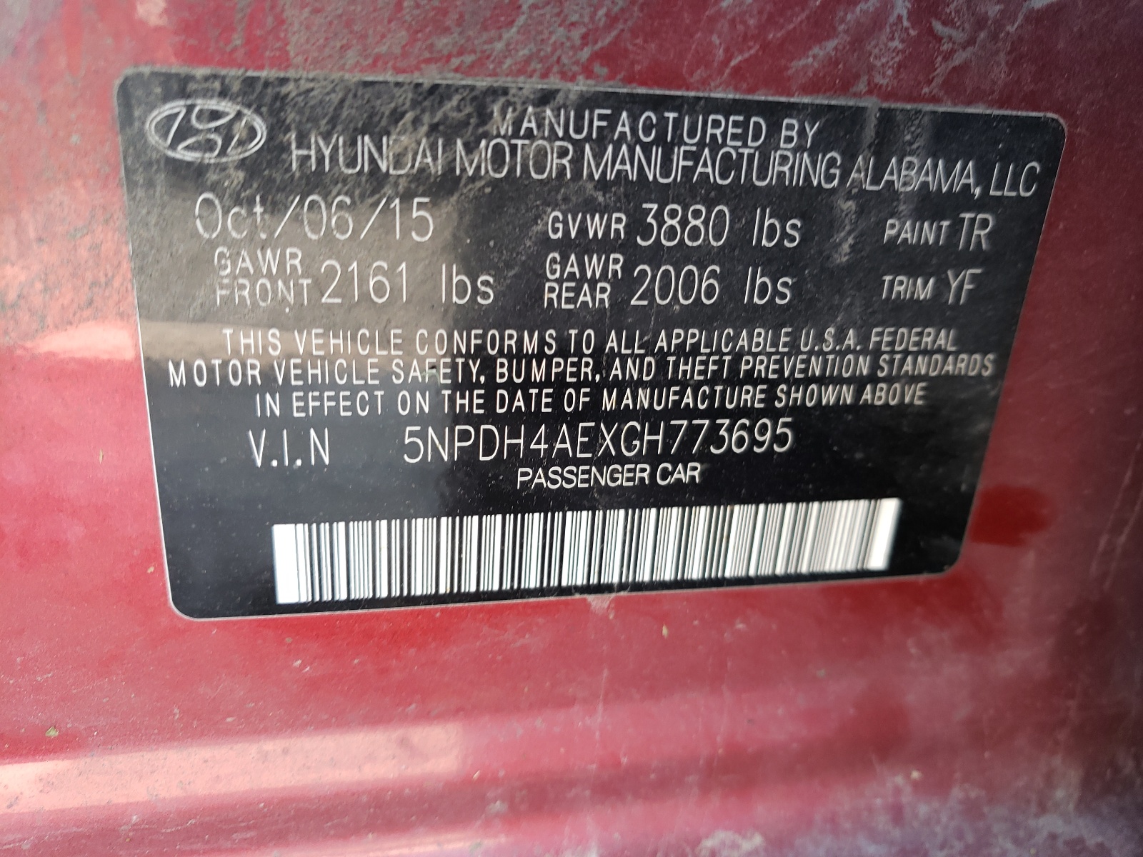 Photo 10 from auction – 2016 HYUNDAI ELANTRA SE with VIN 5NPDH4AEXGH773695