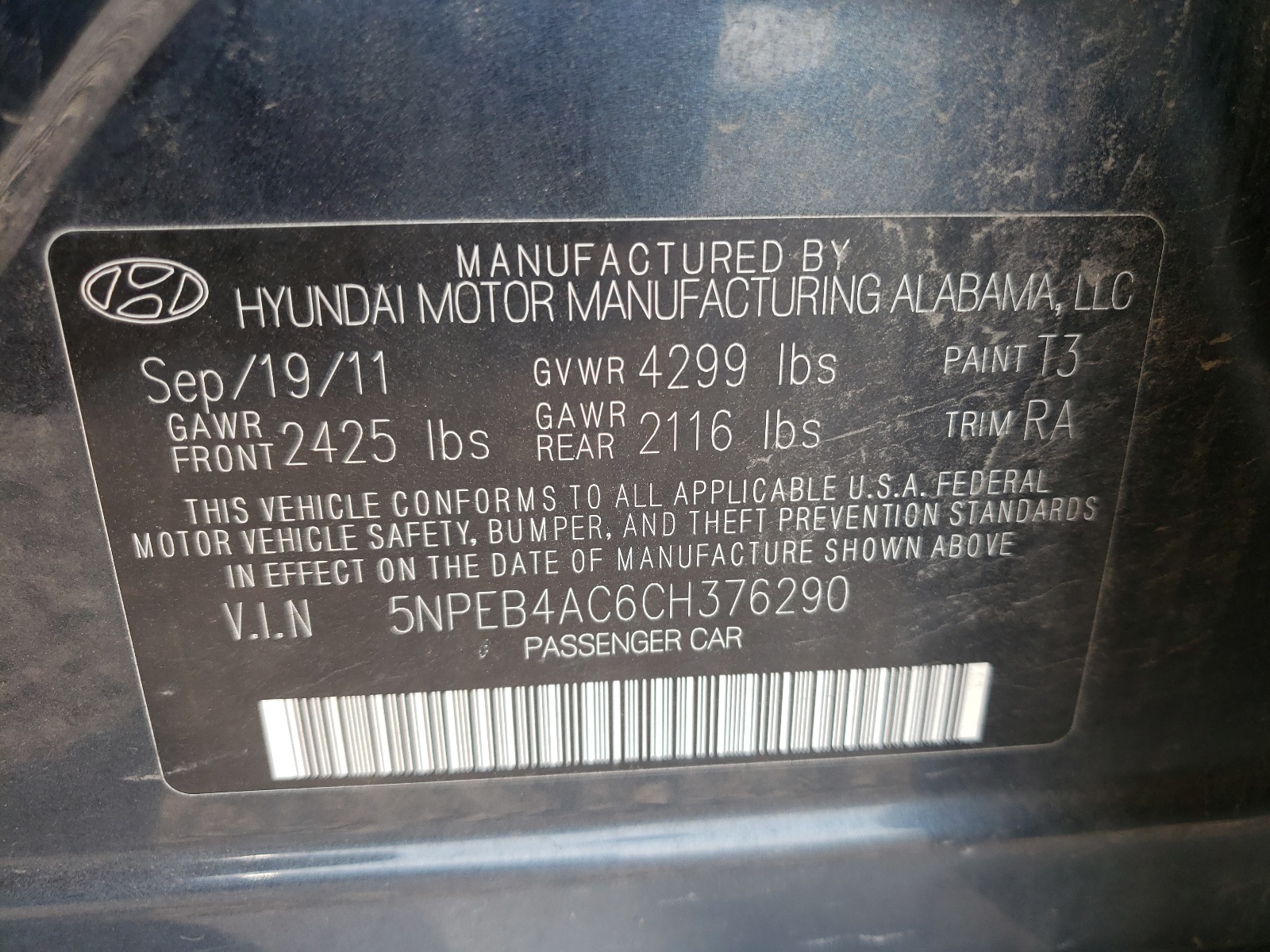 Photo 10 from auction – 2012 HYUNDAI SONATA GLS with VIN 5NPEB4AC6CH376290