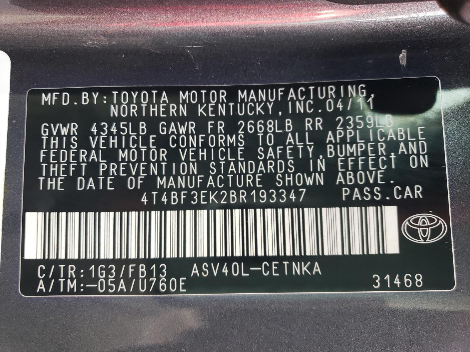 Photo 10 from auction – 2011 TOYOTA CAMRY BASE with VIN 4T4BF3EK2BR193347