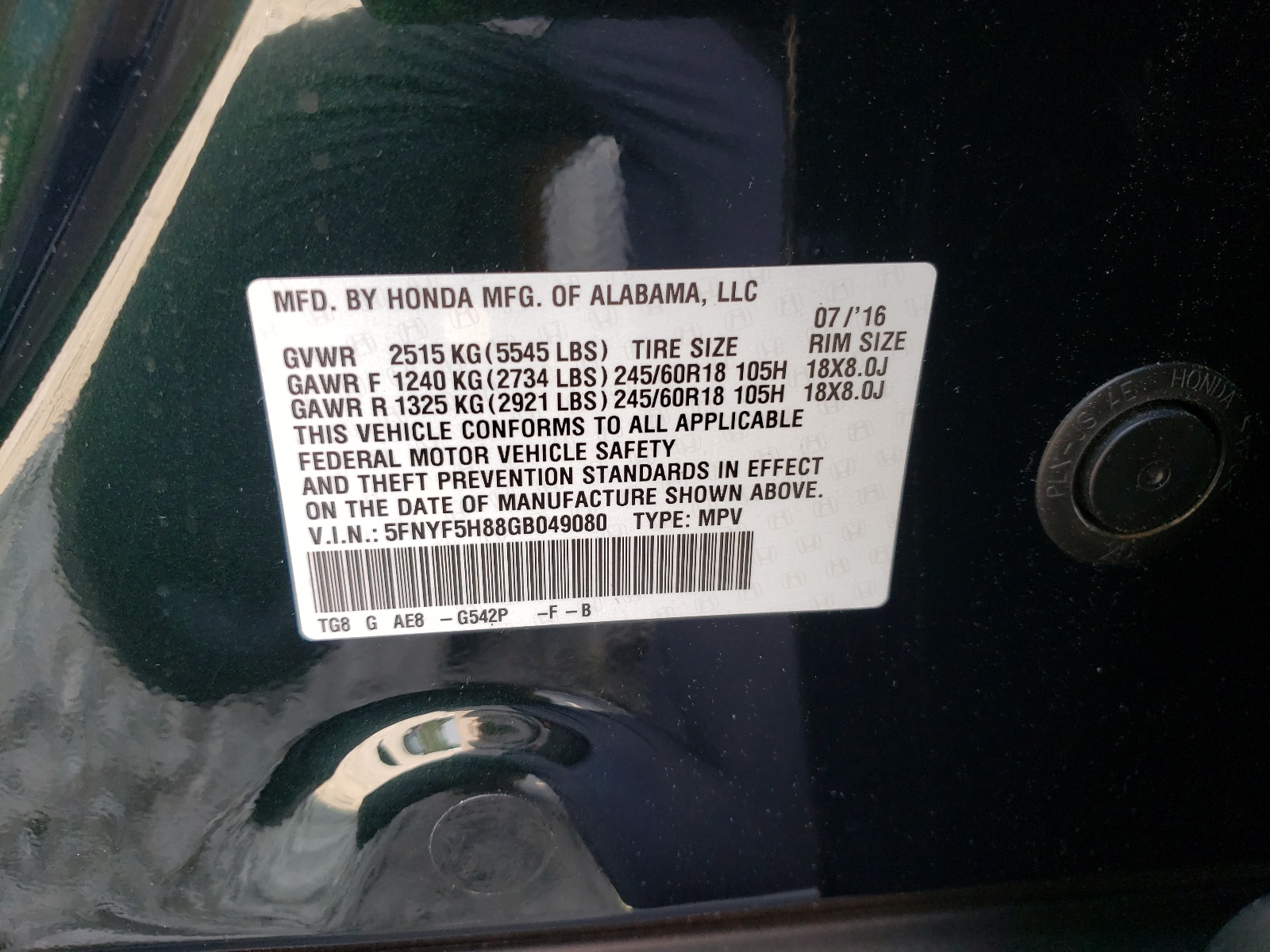 Photo 10 from auction – 2016 HONDA PILOT EXL with VIN 5FNYF5H88GB049080