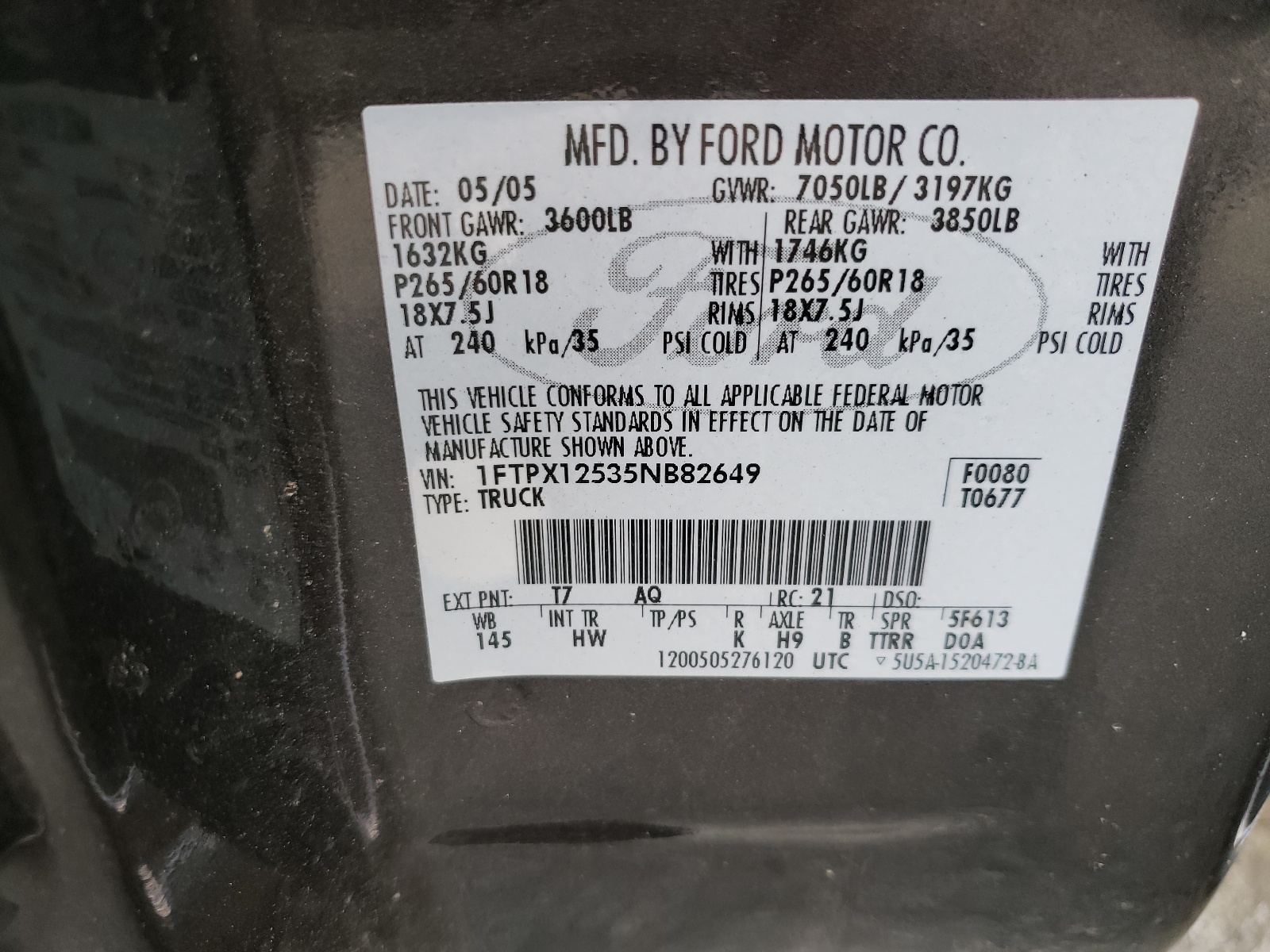 Photo 10 from auction – 2005 FORD F150 with VIN 1FTPX12535NB82649