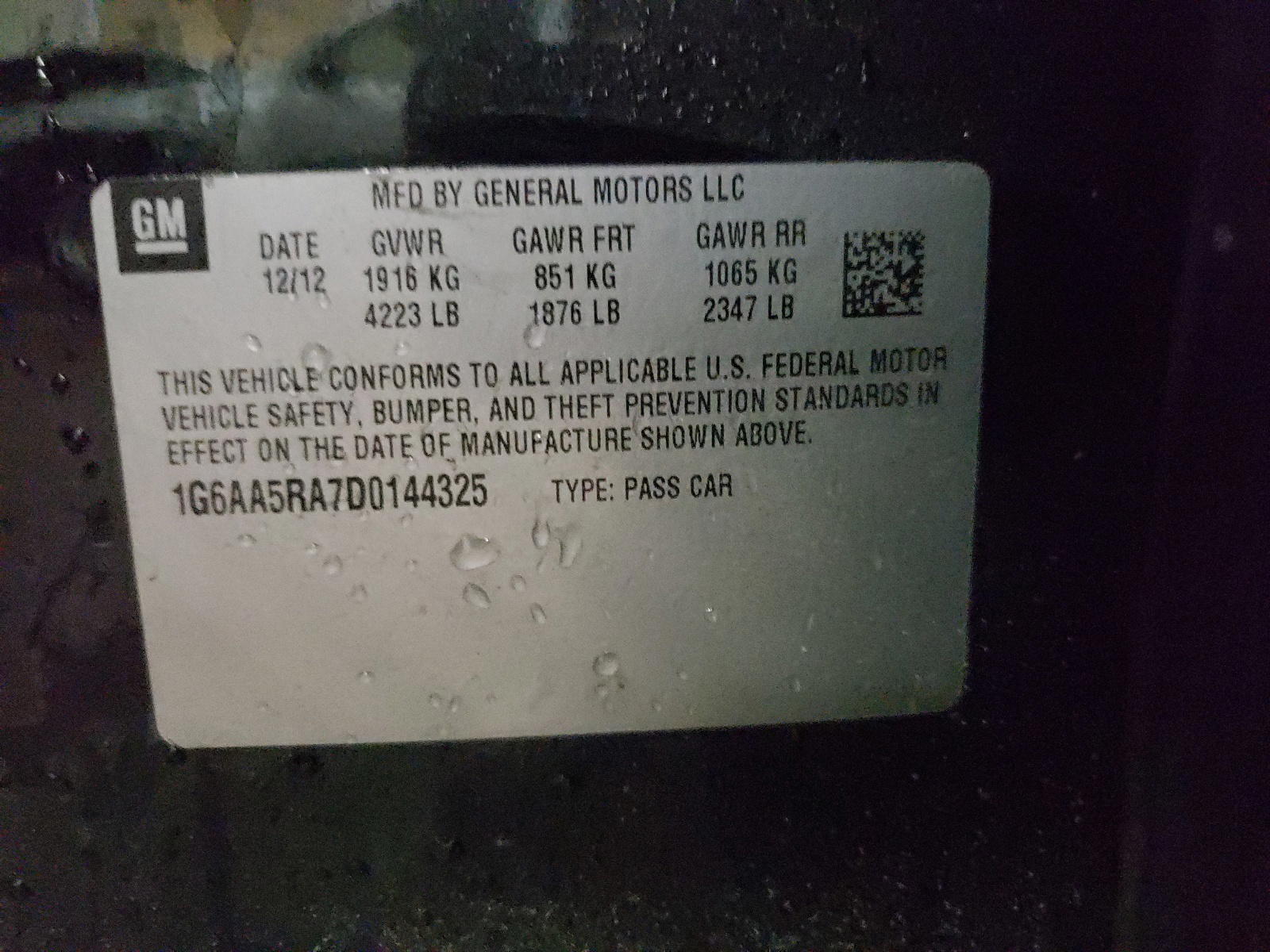 Photo 10 from auction – 2013 CADILLAC ATS with VIN 1G6AA5RA7D0144325