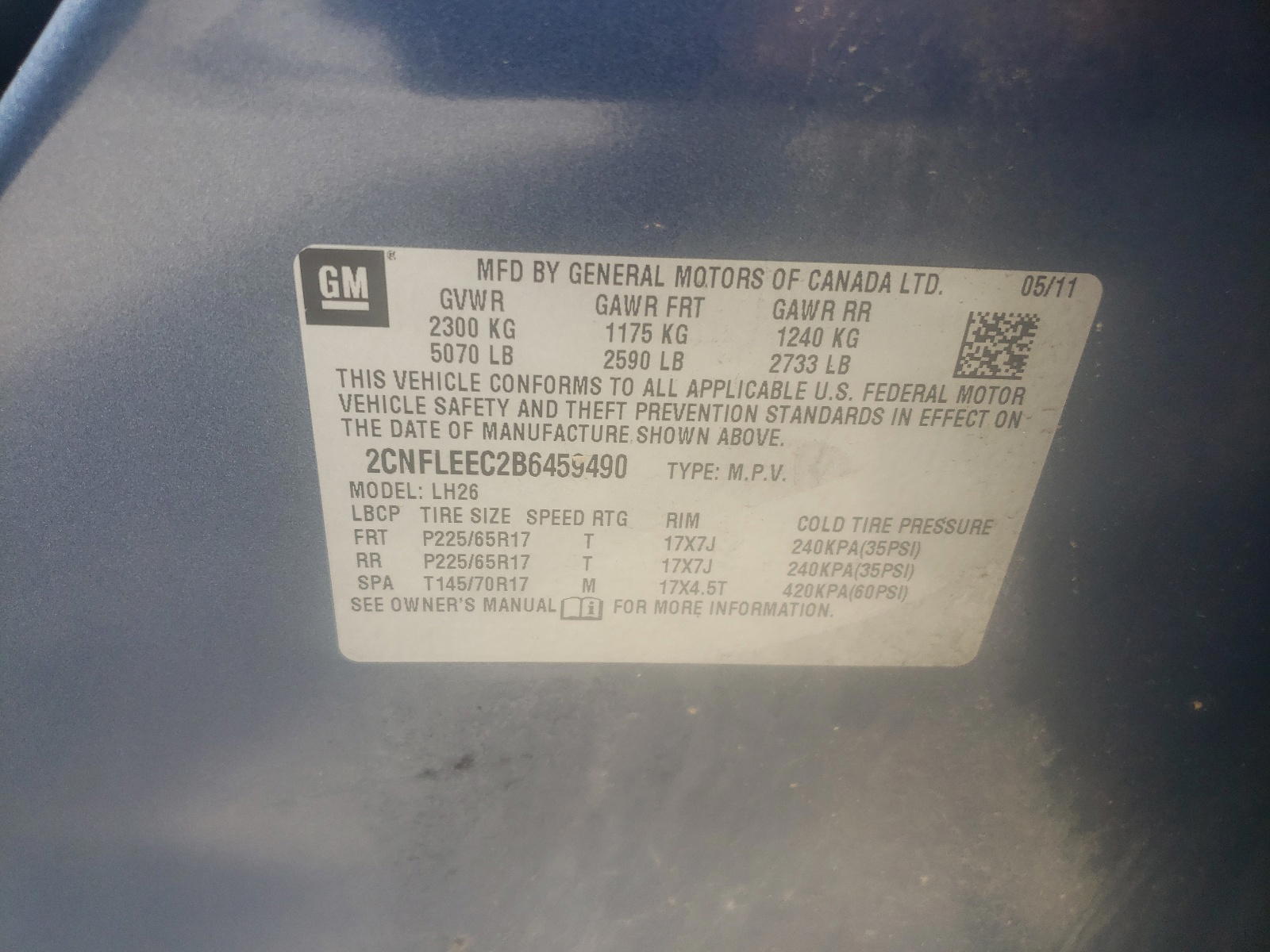 Photo 10 from auction – 2011 CHEVROLET EQUINOX LT with VIN 2CNFLEEC2B6459490