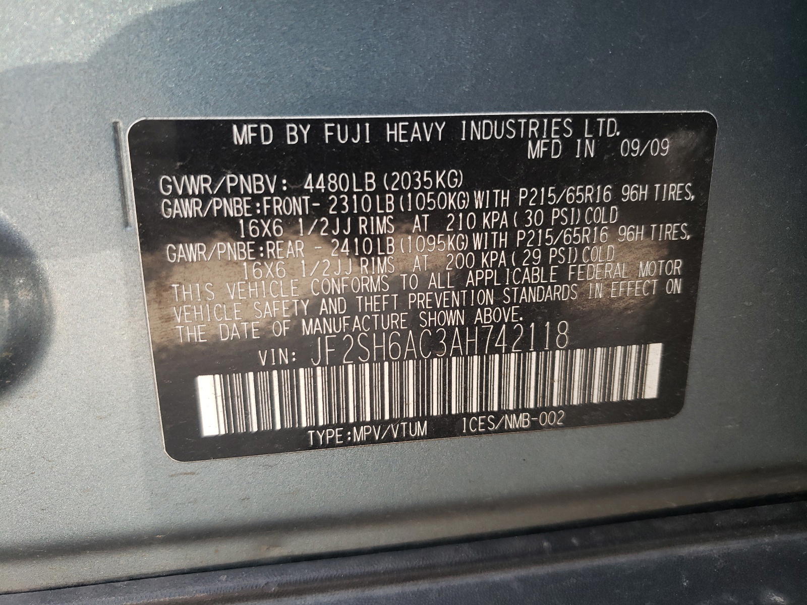 Photo 10 from auction – 2010 SUBARU FORESTER 2 with VIN JF2SH6AC3AH742118