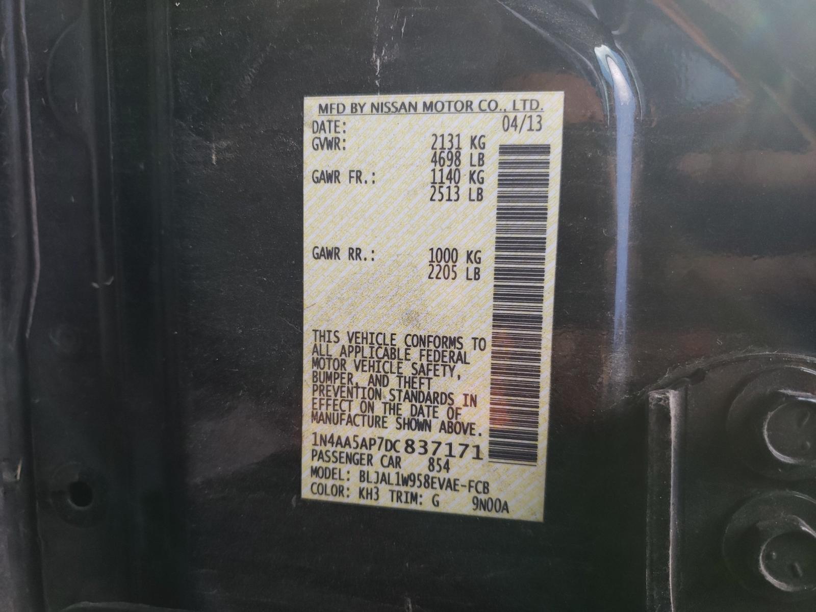 Photo 10 from auction – 2013 NISSAN MAXIMA S with VIN 1N4AA5AP7DC837171