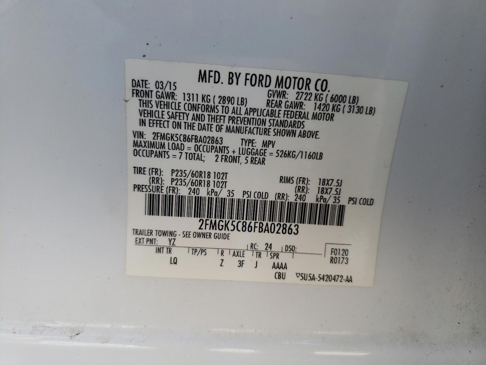 Photo 10 from auction – 2015 FORD FLEX SEL with VIN 2FMGK5C86FBA02863