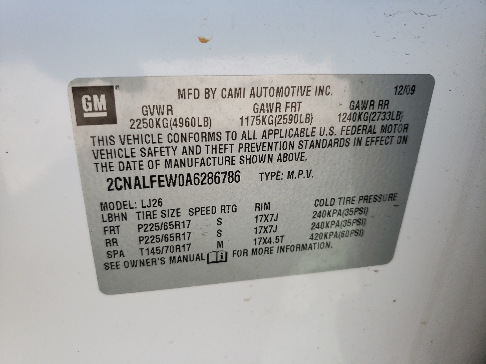 Photo 10 from auction – 2010 CHEVROLET EQUINOX LT with VIN 2CNALFEW0A6286786