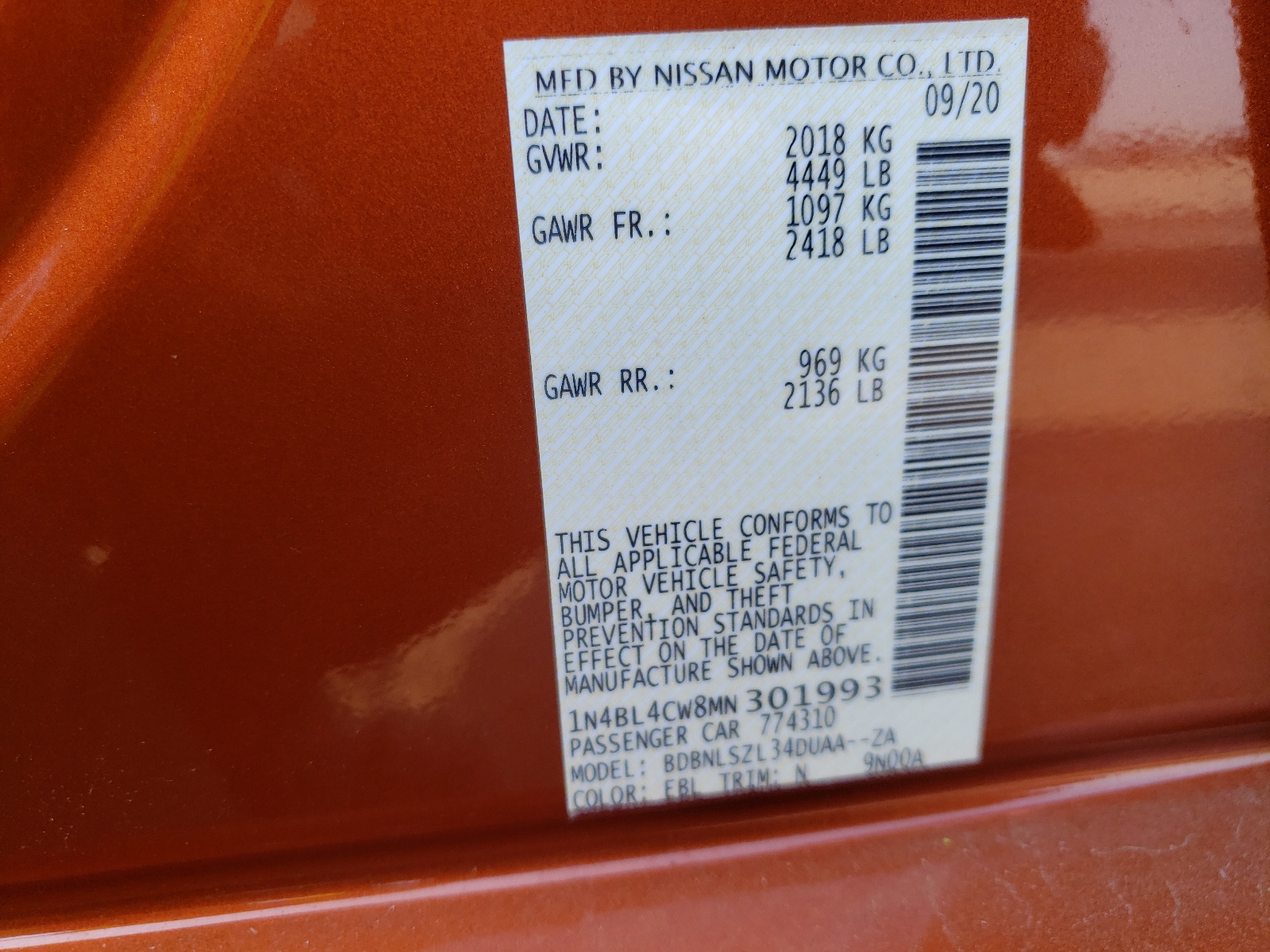 Photo 10 from auction – 2021 NISSAN ALTIMA SR with VIN 1N4BL4CW8MN301993